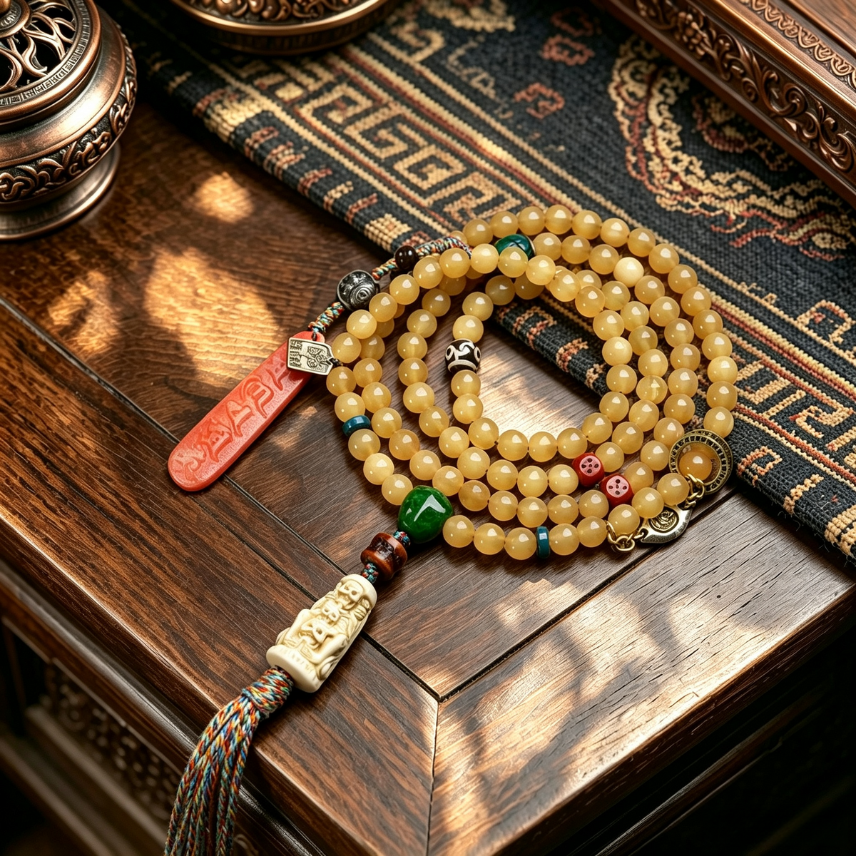Himalayan Natural Horn 108 Mala Beads Necklace, Handmade Multi Wrap Bracelet with Vintage Ornaments