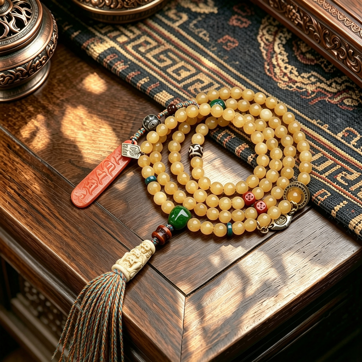 Himalayan Natural Horn 108 Mala Beads Necklace, Handmade Multi Wrap Bracelet with Vintage Ornaments