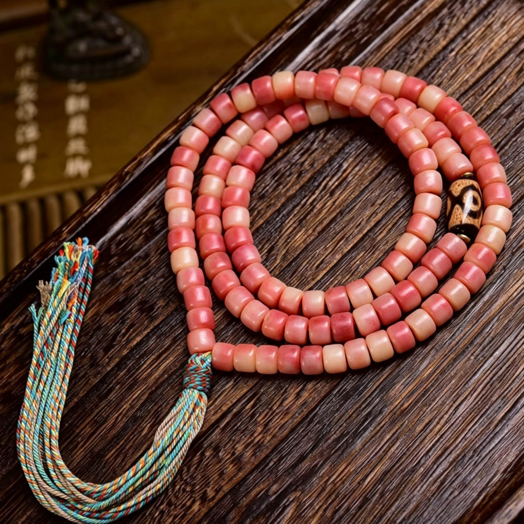 Natural Camel Bone 108-Count Hand Strung Bead Necklace with Patterned Stone for Quiet Contemplation & Inner Resonance