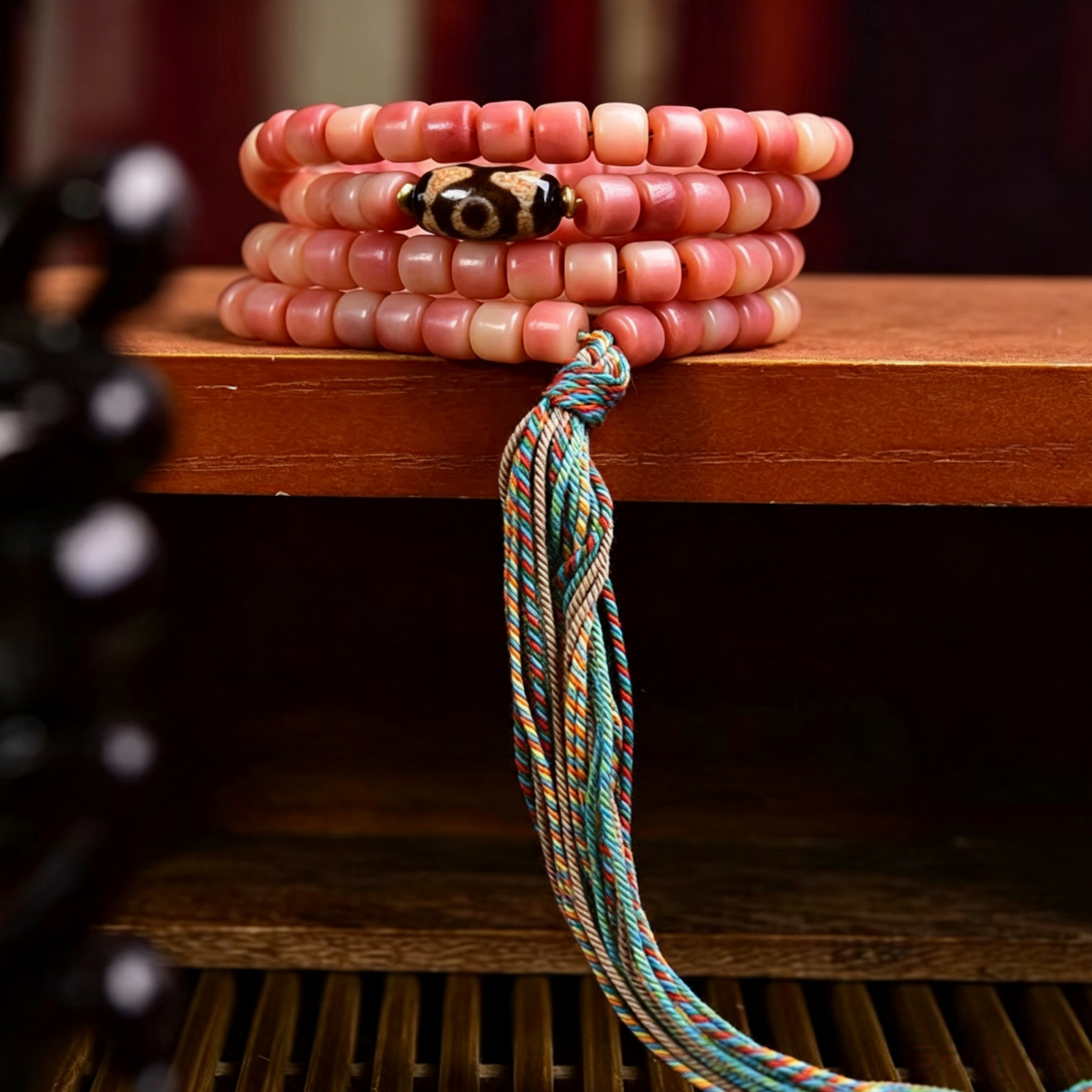 Natural Camel Bone 108-Count Hand Strung Bead Necklace with Patterned Stone for Quiet Contemplation & Inner Resonance