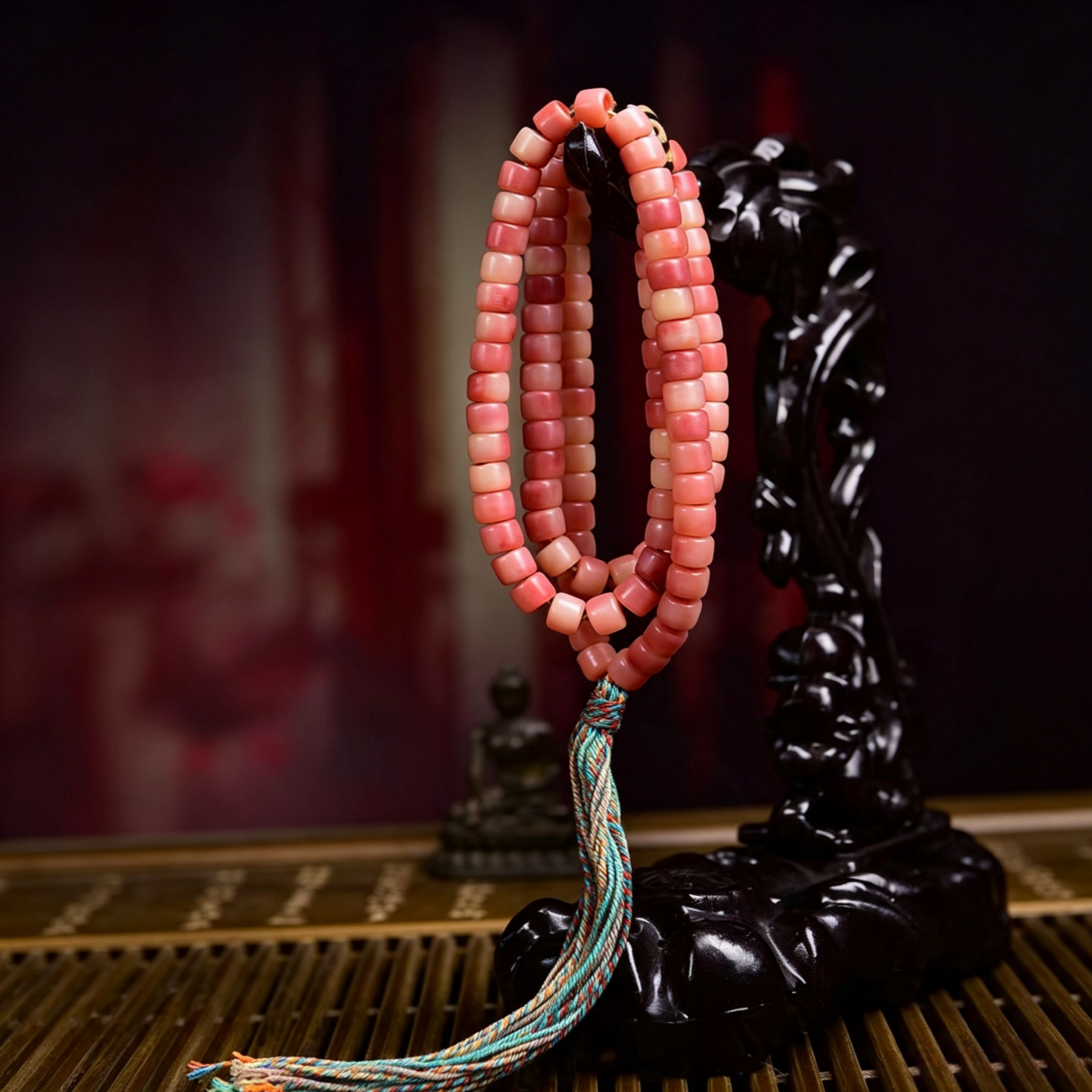 Natural Camel Bone 108-Count Hand Strung Bead Necklace with Patterned Stone for Quiet Contemplation & Inner Resonance
