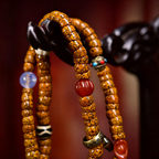 Textured Natural Seed 108 Hand Strung Bead Necklace with Patterned Agate Accents
