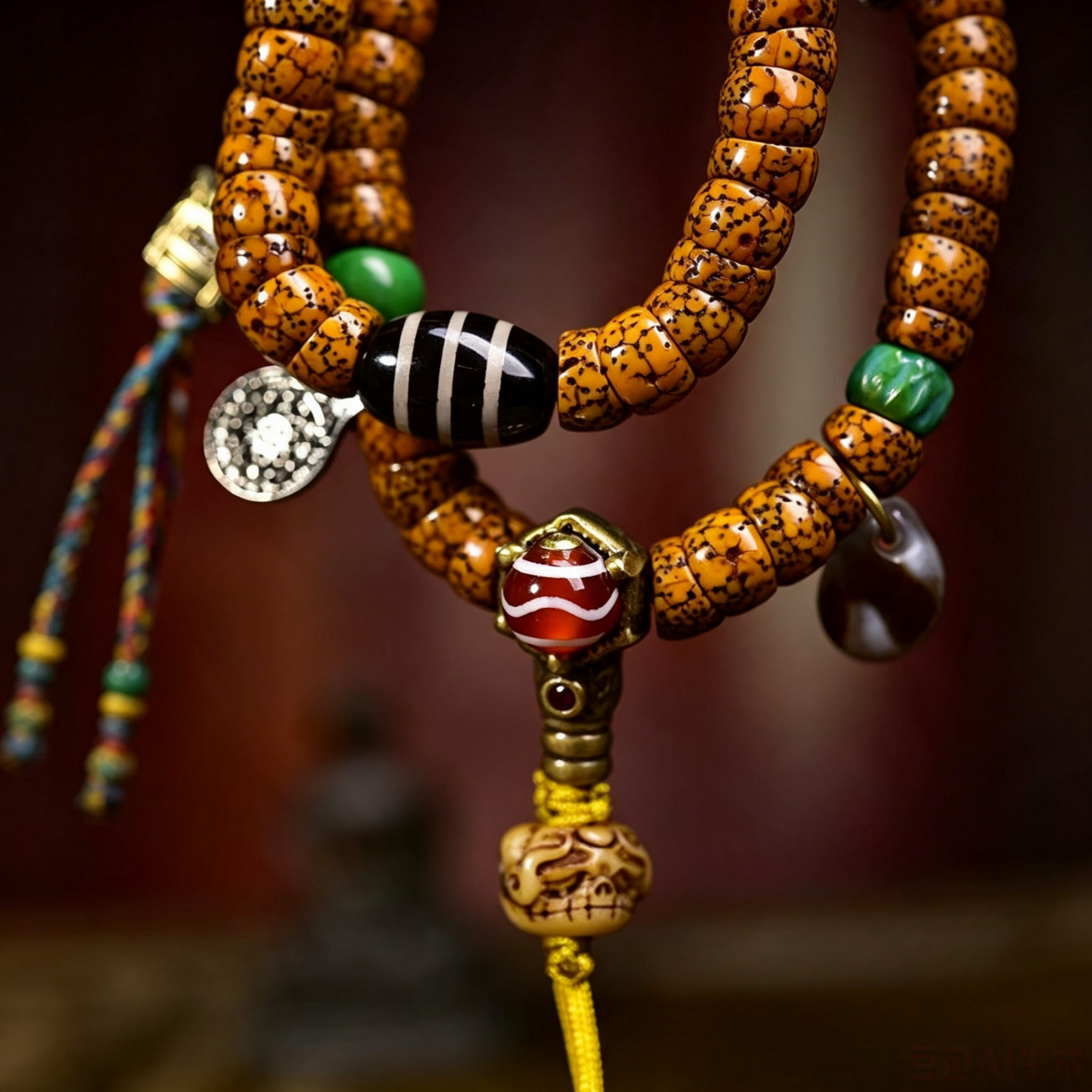 Textured Natural Seed 108 Hand Strung Bead Necklace with Patterned Agate Accents