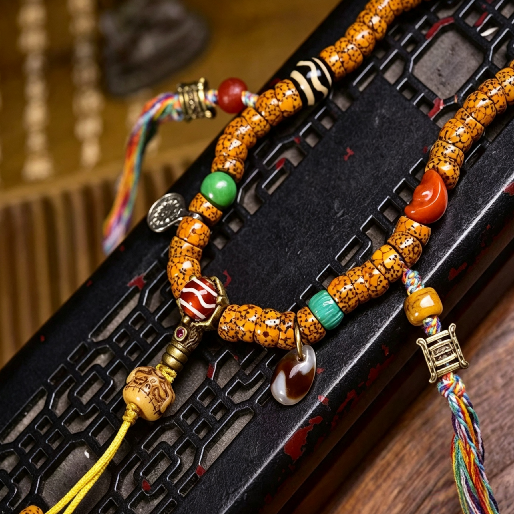Textured Natural Seed 108 Hand Strung Bead Necklace with Patterned Agate Accents
