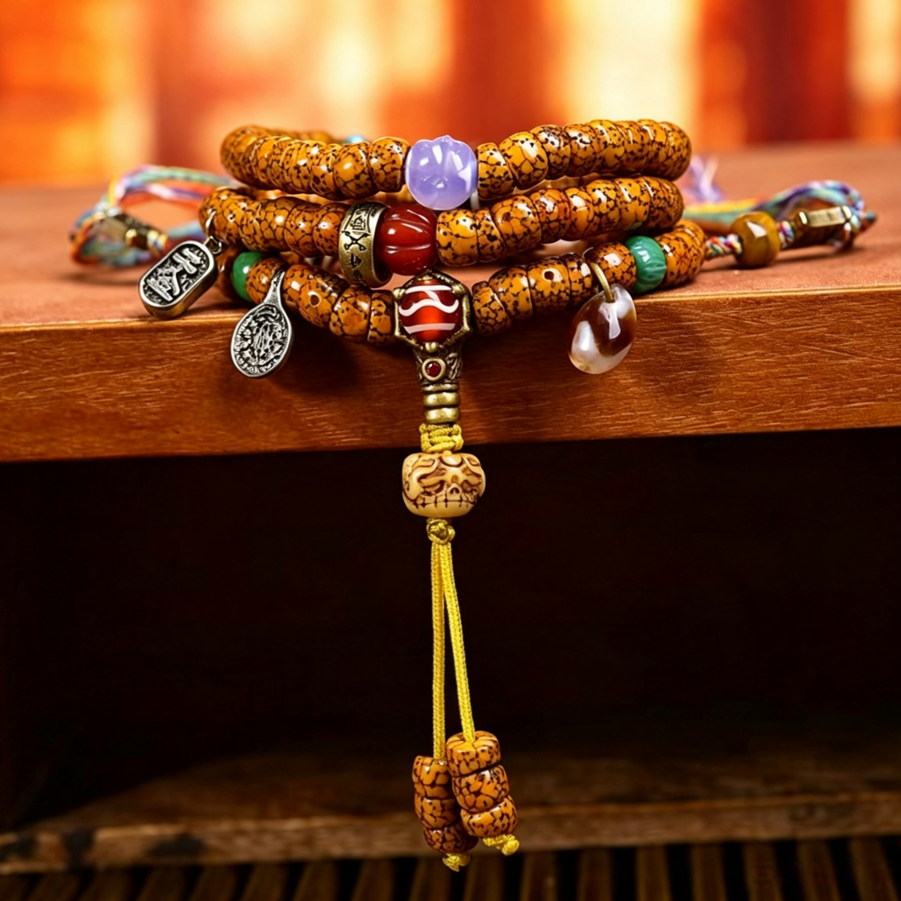 Textured Natural Seed 108 Hand Strung Bead Necklace with Patterned Agate Accents