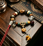 Himalayan Vintage Tibetan Multi-Gem Bracelet, Carved Skull Pattern, Agate Dotted Bead, Karma Cleansing Meditation Wrist Bracelet