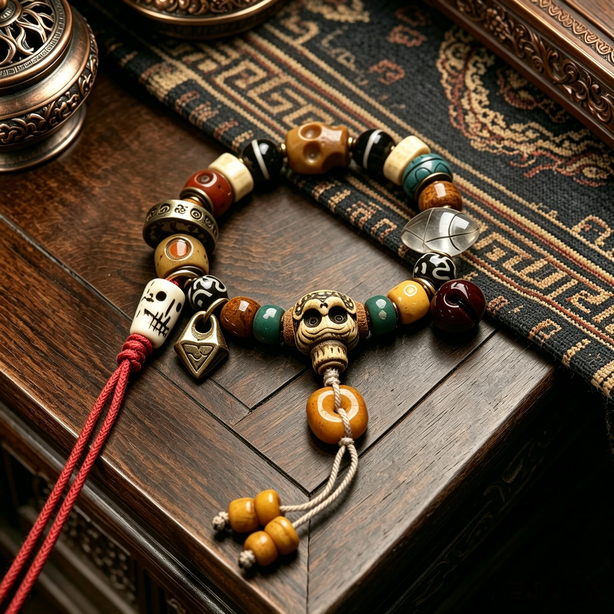 Himalayan Vintage Tibetan Multi-Gem Bracelet, Carved Skull Pattern, Agate Dotted Bead, Karma Cleansing Meditation Wrist Bracelet