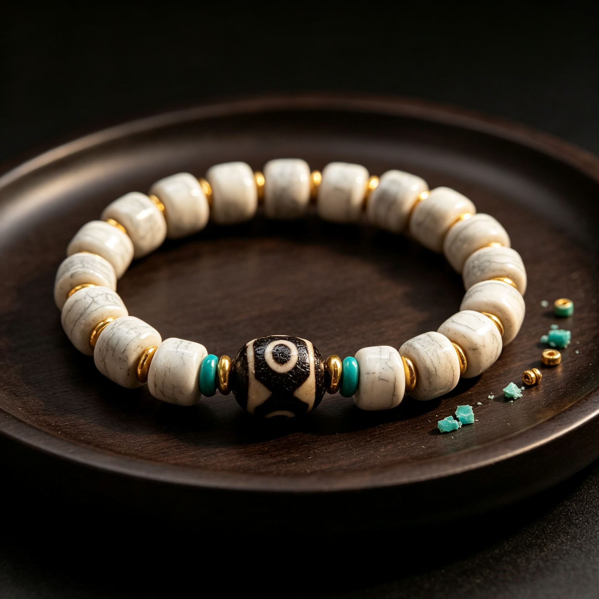 Himalayan White Yak Bone Bead Bracelet | Three-Eye Pattern Stone Ethnic Handcrafted Contemplation Bracelet