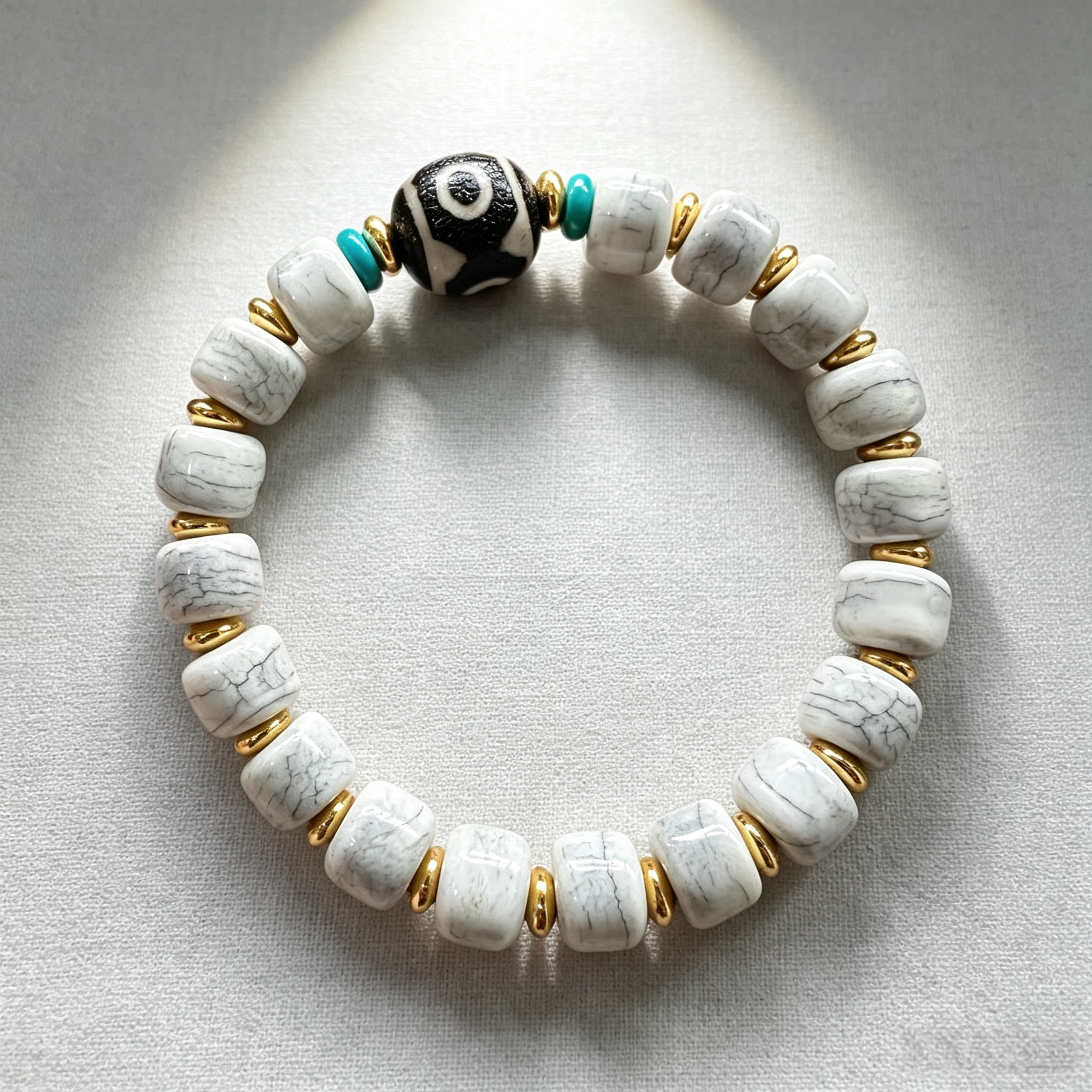 Himalayan White Yak Bone Bead Bracelet | Three-Eye Pattern Stone Ethnic Handcrafted Contemplation Bracelet