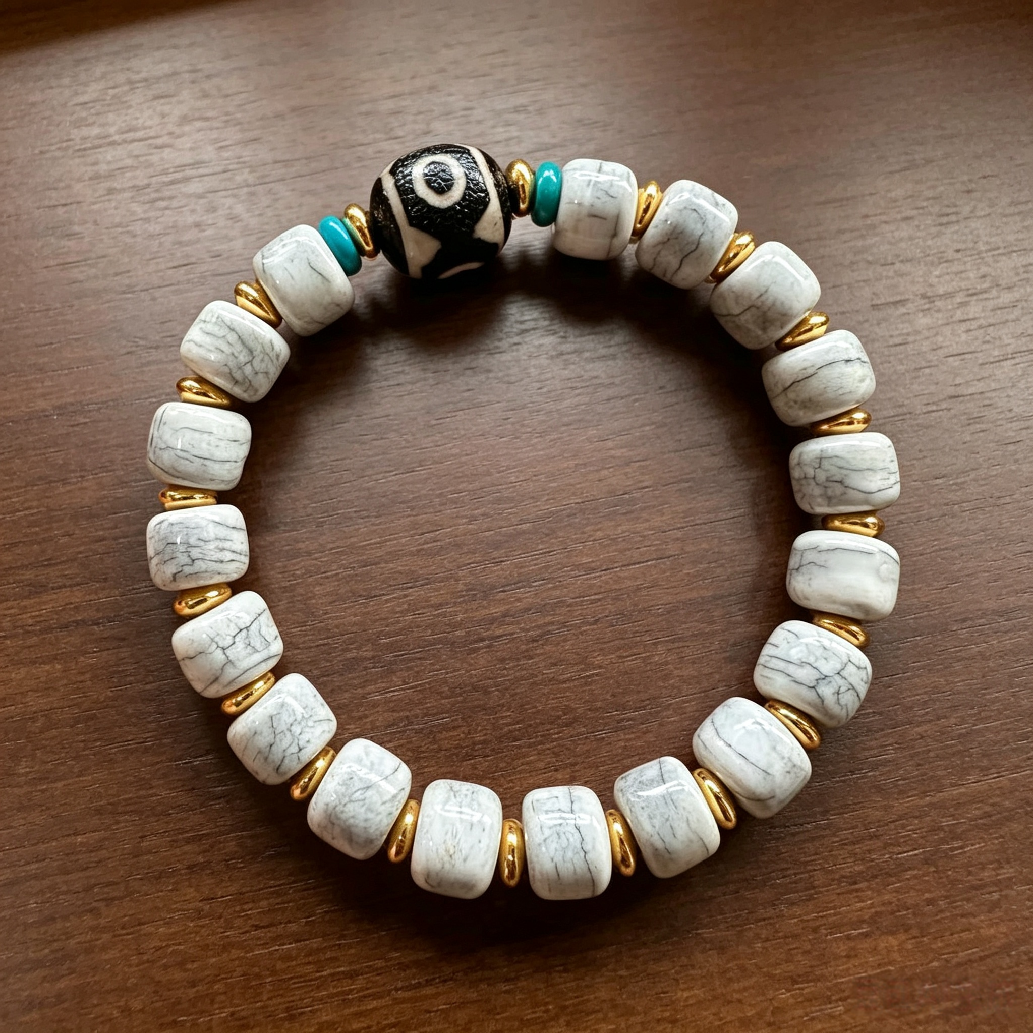 Himalayan White Yak Bone Bead Bracelet | Three-Eye Pattern Stone Ethnic Handcrafted Contemplation Bracelet