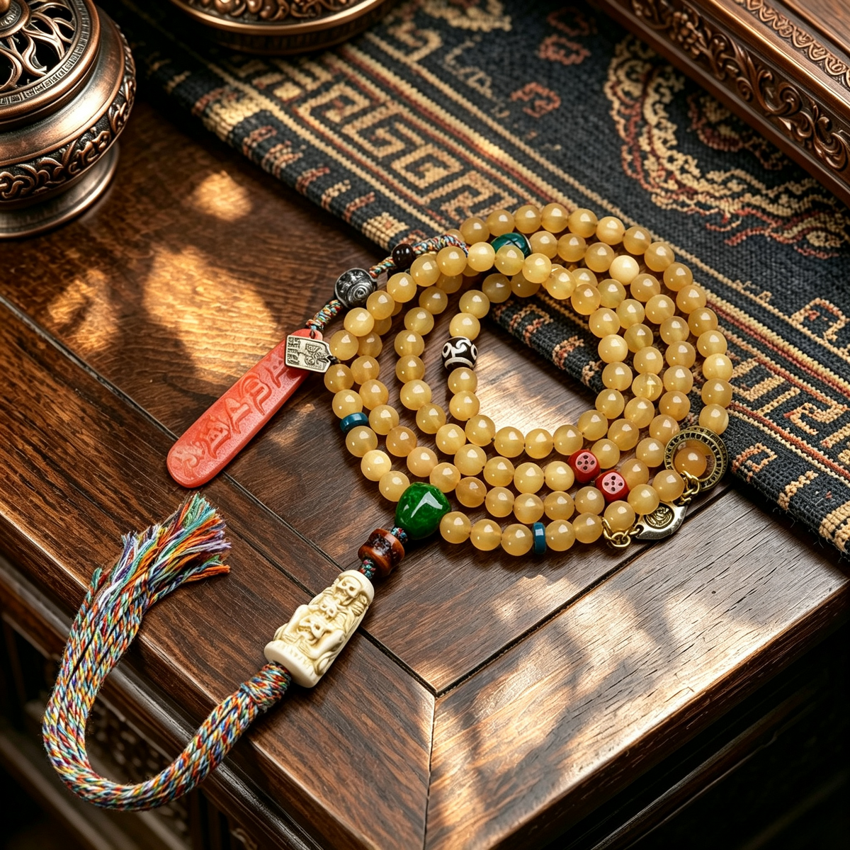 Himalayan Natural Horn 108 Mala Beads Necklace, Handmade Multi Wrap Bracelet with Vintage Ornaments