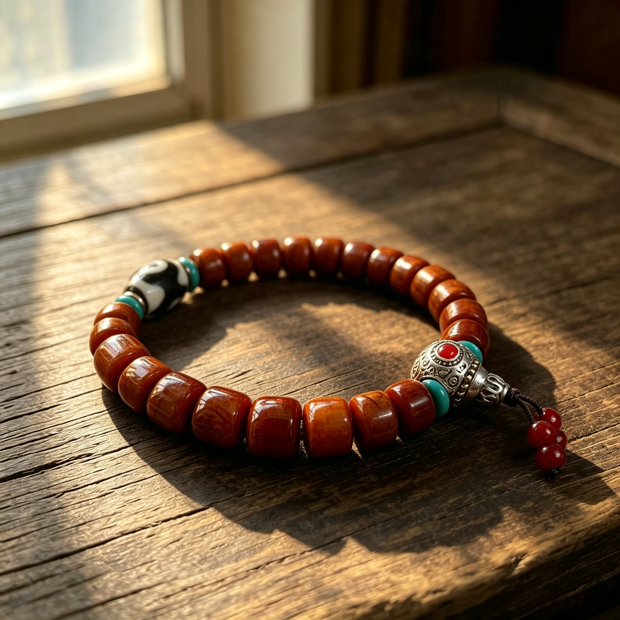 Himalayan Ox-Bone Bracelet with Patterned Stone & Textured Agate, Handcrafted Ethnic Craft Jewelry