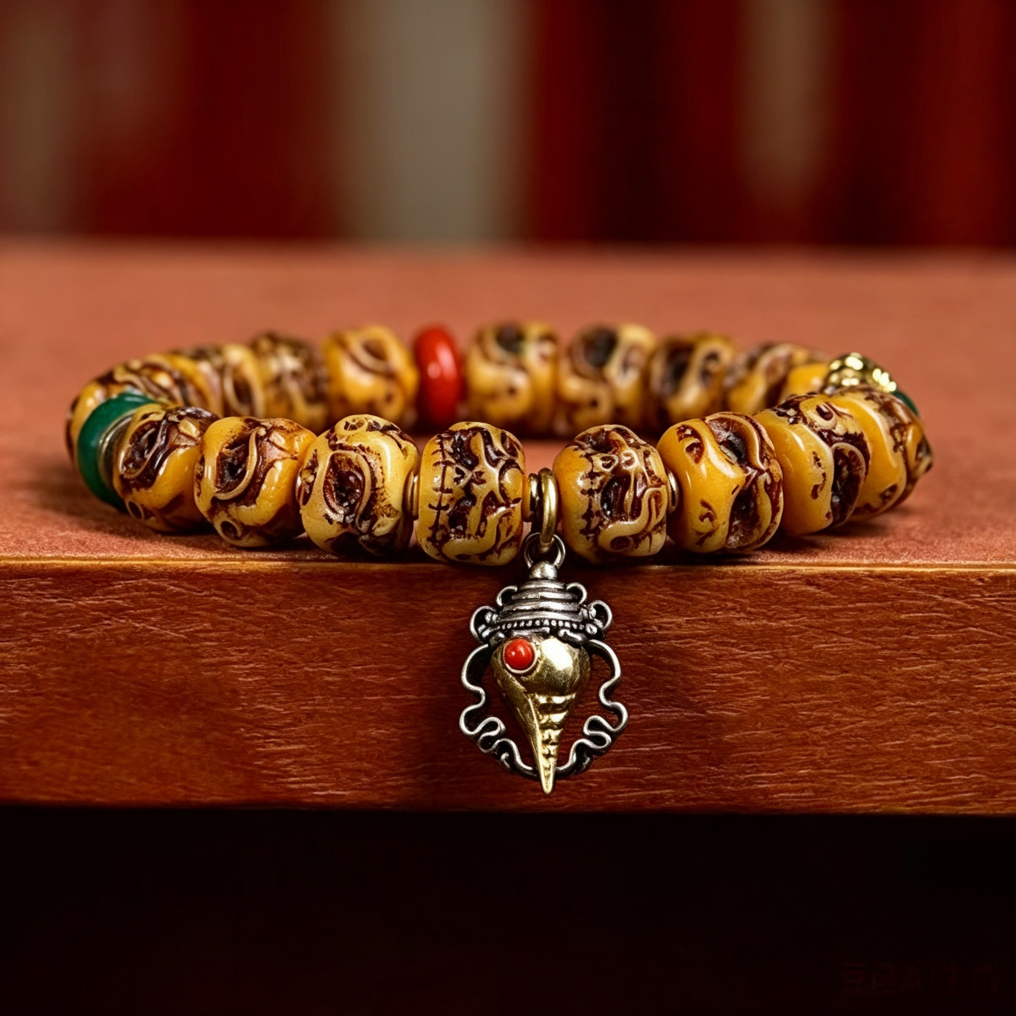 Retro Hand-Carved Bone Figurine Bead Bracelet, Ethnic Glass Agate Decor Wristband for Meditation & Energy Grounding
