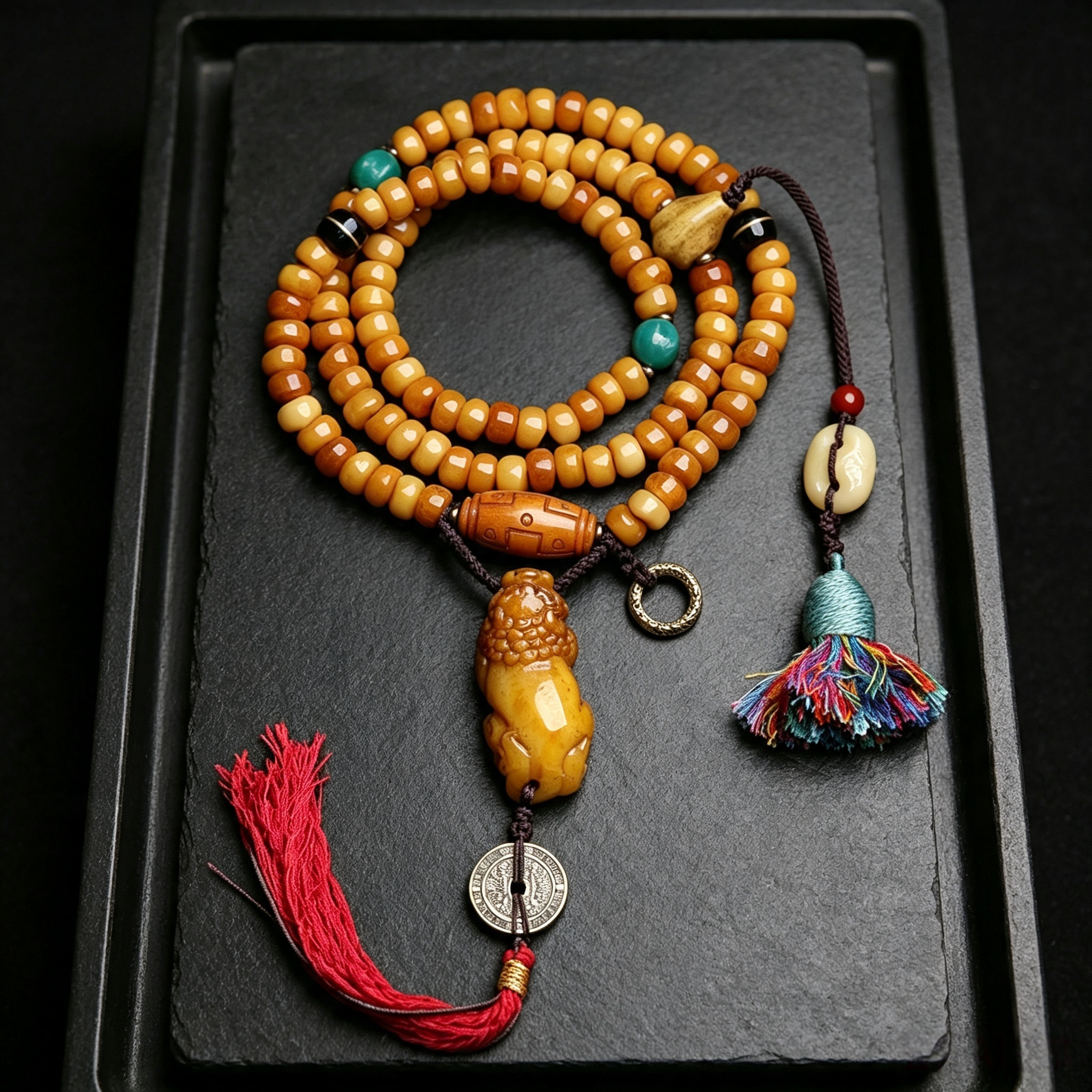 108-Piece Vintage Bone Flat Round Bead Long Necklace with Hand Carved Figurine Pendant & Handwoven