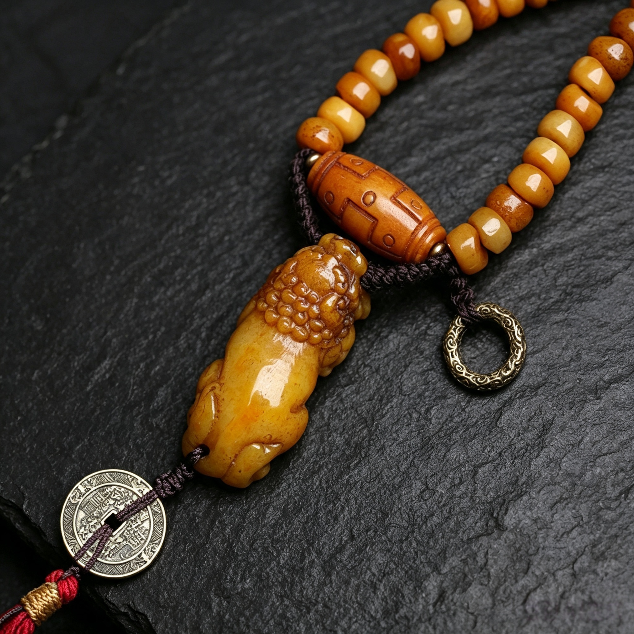108-Piece Vintage Bone Flat Round Bead Long Necklace with Hand Carved Figurine Pendant & Handwoven