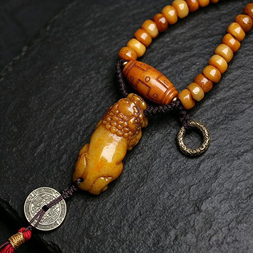 108-Piece Vintage Bone Flat Round Bead Long Necklace with Hand Carved Figurine Pendant & Handwoven