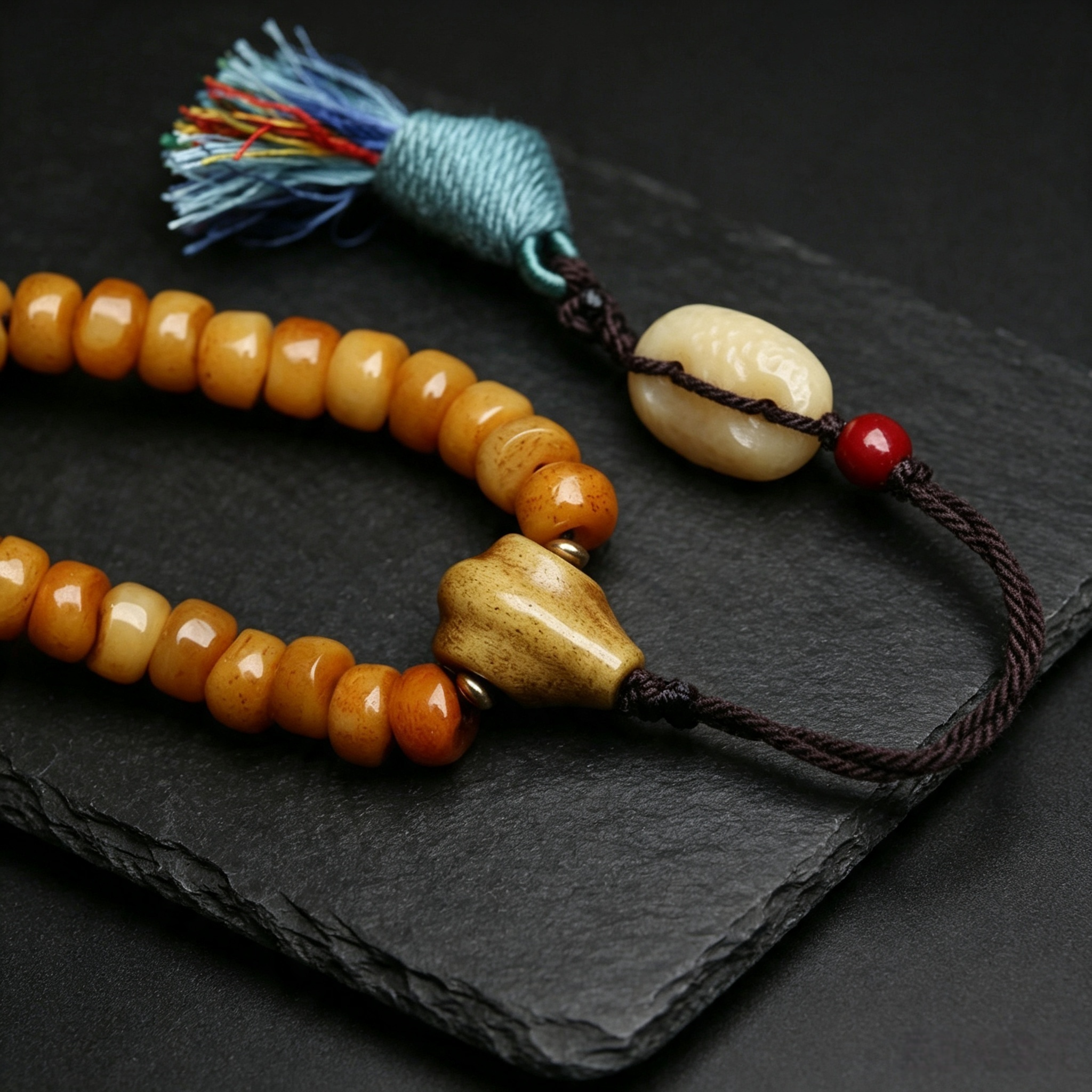 108-Piece Vintage Bone Flat Round Bead Long Necklace with Hand Carved Figurine Pendant & Handwoven