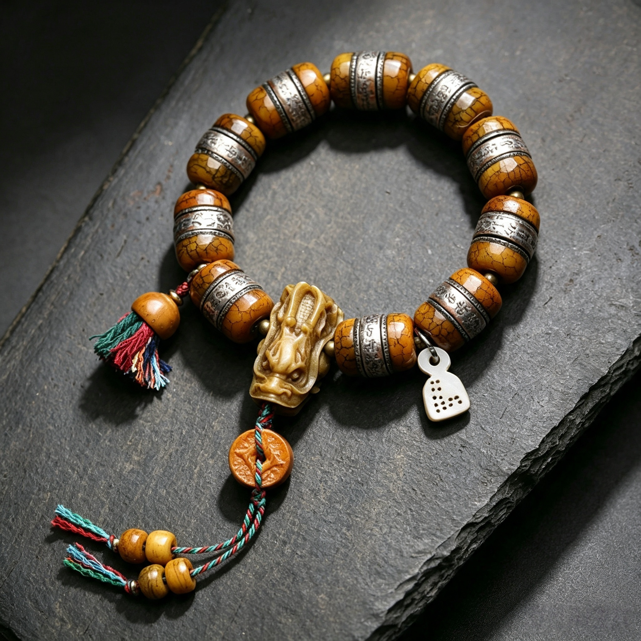Natural Ox Horn Barrel Bead Single Loop Bracelet with Inlaid Metal Carving & Hand Sculpted Pendant | Himalayan Retro Ethnic Handcrafted Wrist Jewelry for Somatic Balance & Karmic Realignment