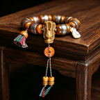 Natural Ox Horn Barrel Bead Single Loop Bracelet with Inlaid Metal Carving & Hand Sculpted Pendant | Himalayan Retro Ethnic Handcrafted Wrist Jewelry for Somatic Balance & Karmic Realignment