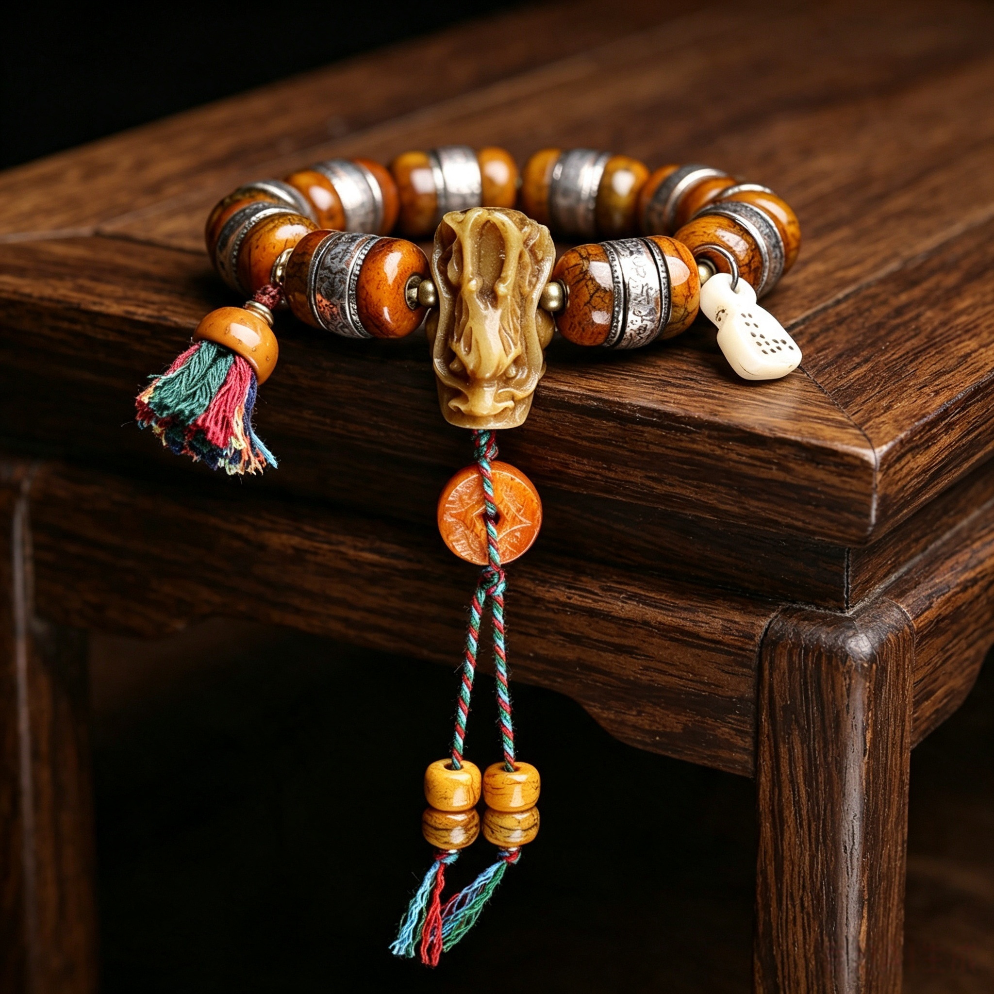 Natural Ox Horn Barrel Bead Single Loop Bracelet with Inlaid Metal Carving & Hand Sculpted Pendant | Himalayan Retro Ethnic Handcrafted Wrist Jewelry for Somatic Balance & Karmic Realignment