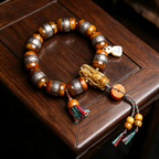 Natural Ox Horn Barrel Bead Single Loop Bracelet with Inlaid Metal Carving & Hand Sculpted Pendant | Himalayan Retro Ethnic Handcrafted Wrist Jewelry for Somatic Balance & Karmic Realignment