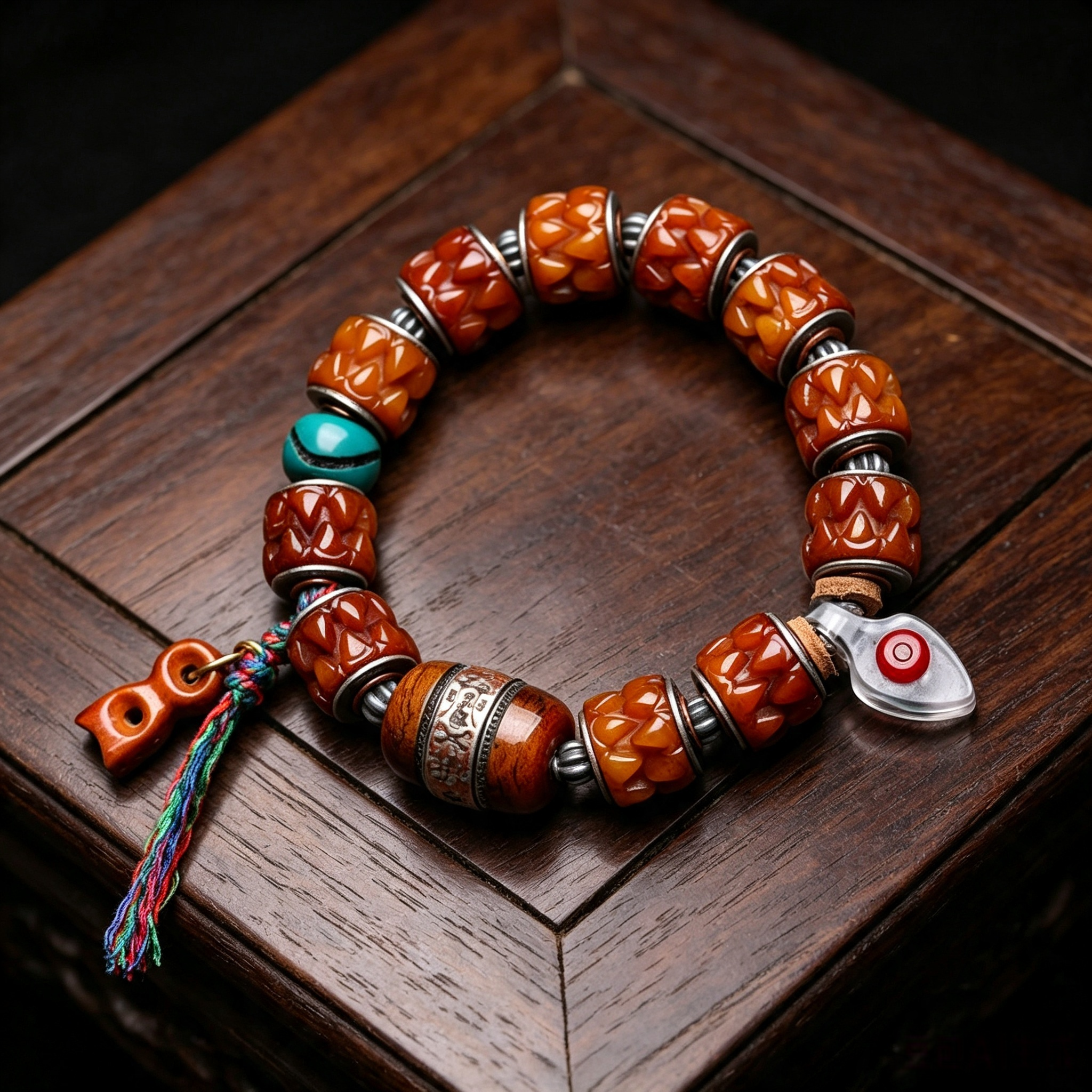 Natural Ox Bone Hand Carved Barrel Bead Single Loop Bracelet with Copper Inlaid Details & Stone Accent Beads | Himalayan Ethnic Handcrafted Wrist Jewelry for Somatic Balance & Karmic Realignment
