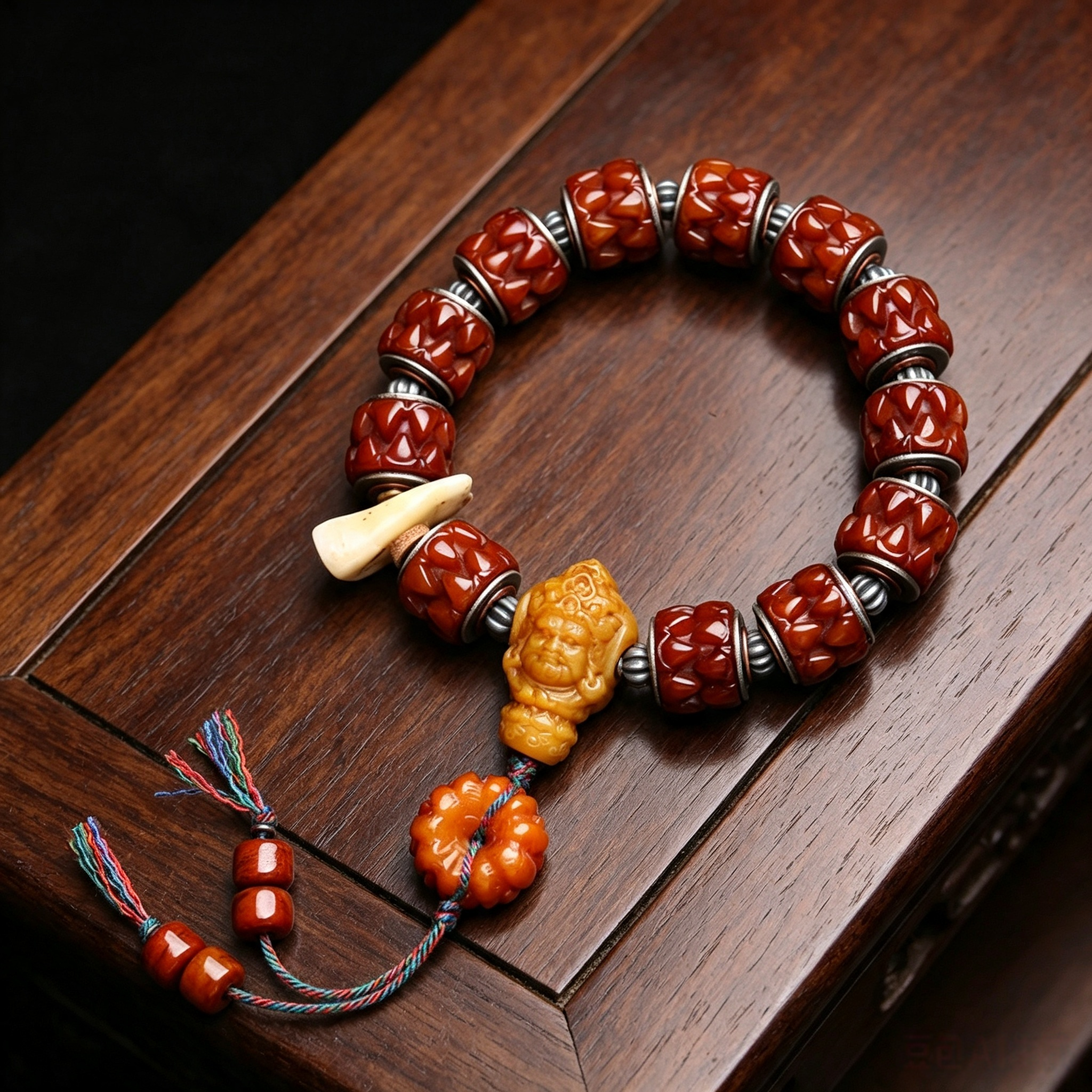 Hand Carved Natural Ox Bone Barrel Bead Single Loop Bracelet with Copper Inlaid Details & Sculpted Bone Focal Charm | Himalayan Ethnic Folk Handcrafted Wrist Jewelry for Somatic Calming & Karmic Realignment