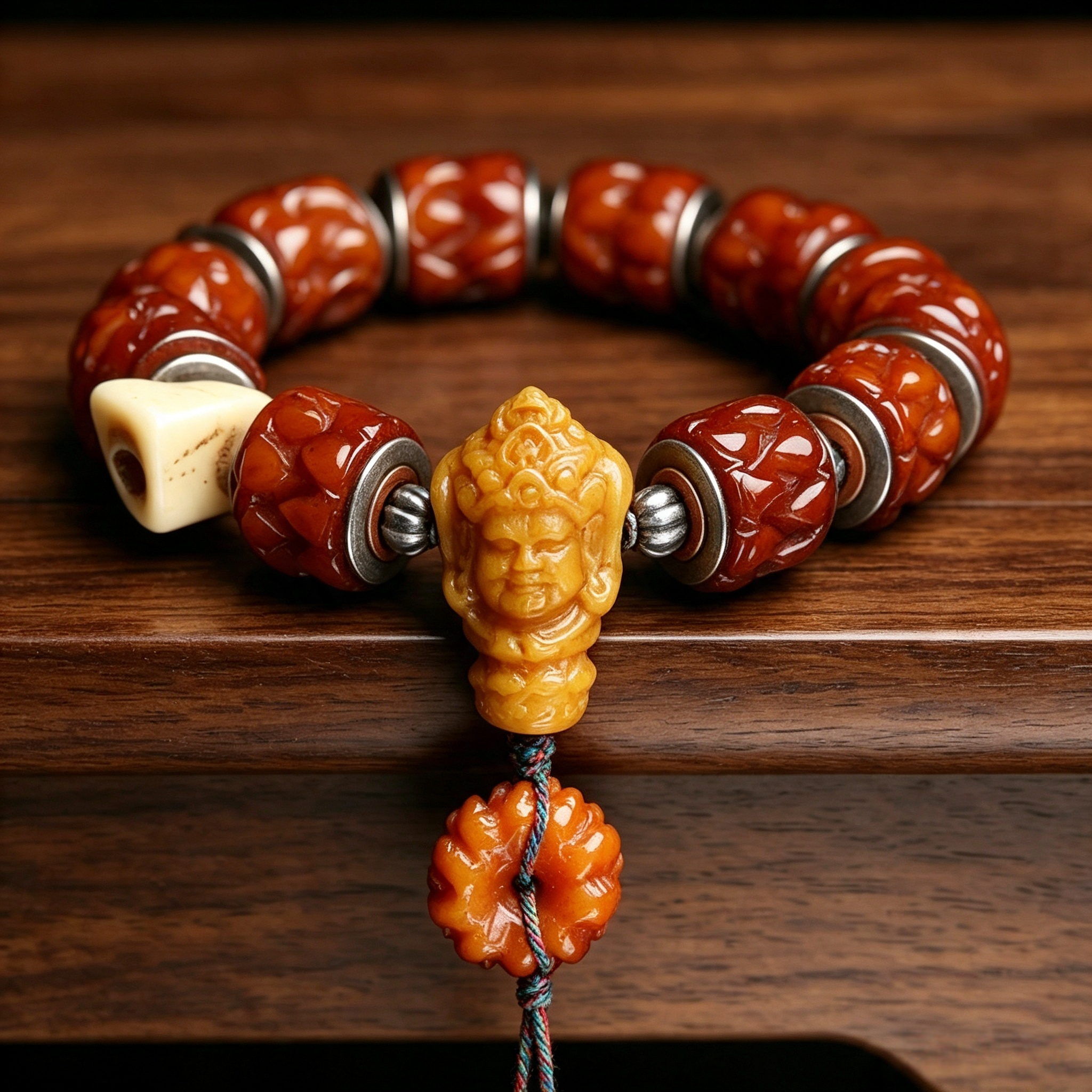 Hand Carved Natural Ox Bone Barrel Bead Single Loop Bracelet with Copper Inlaid Details & Sculpted Bone Focal Charm | Himalayan Ethnic Folk Handcrafted Wrist Jewelry for Somatic Calming & Karmic Realignment