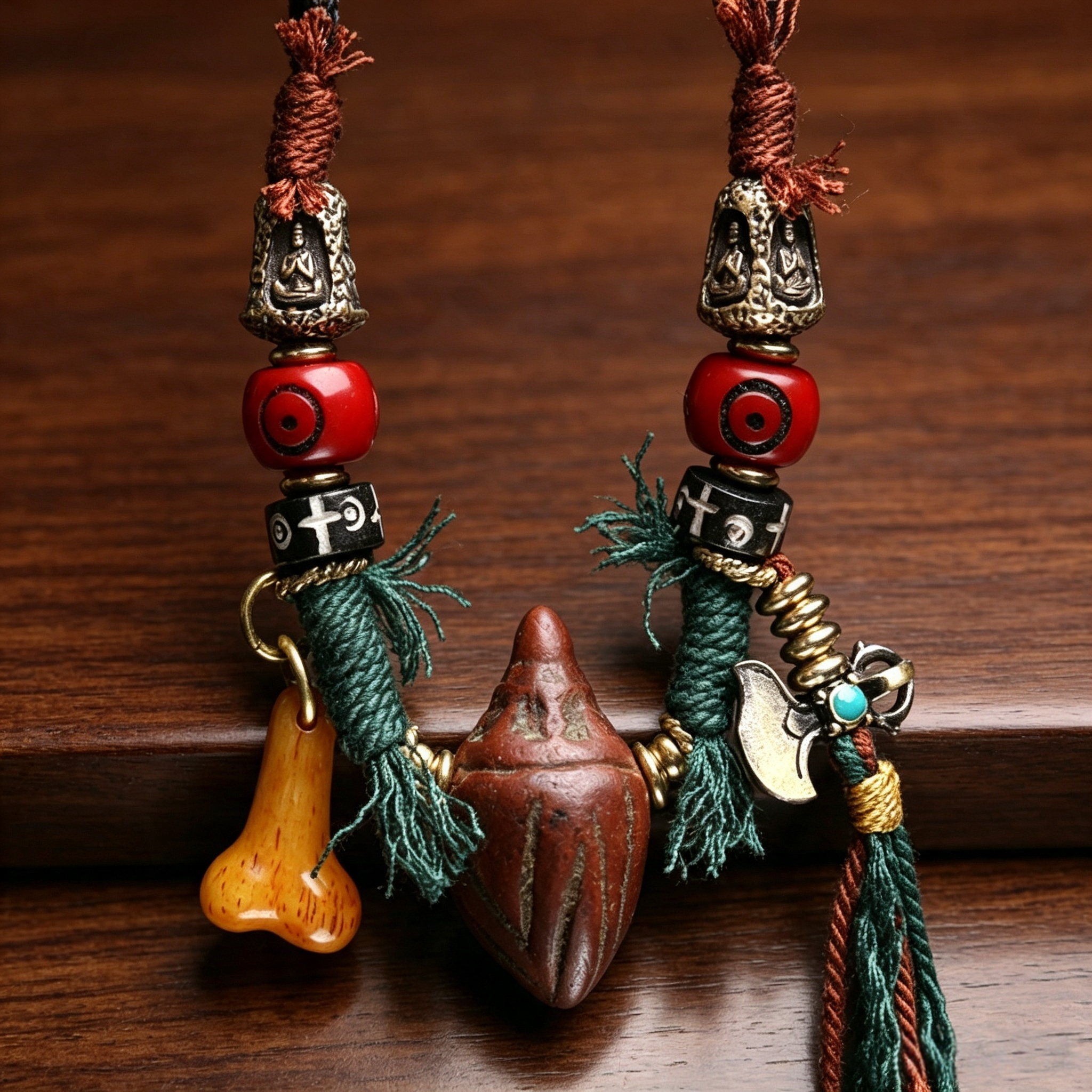 Plateau Folk Hand Woven Cord Pendant Necklace with Carved Nut & Metal Alloy Decor | Ethnic Retro Adjustable Lariat Necklace for Somatic Calming & Karmic Realignment