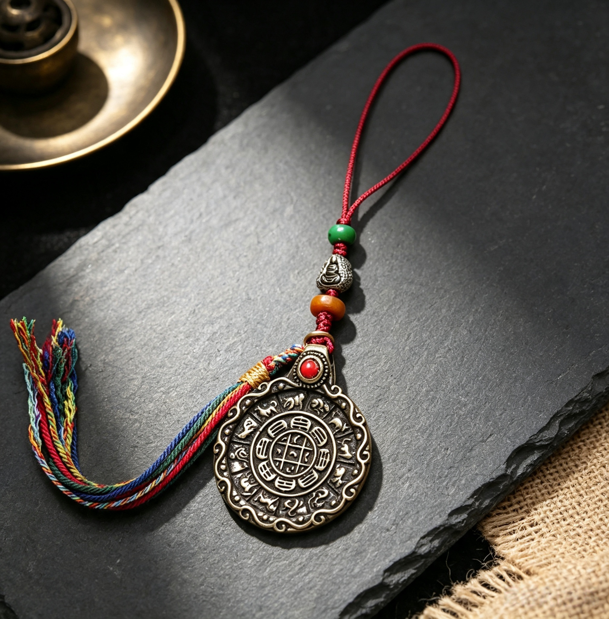 Himalayan Plateau Vintage Metal Circular Amulet Pendant with Handwoven Tassel Cord