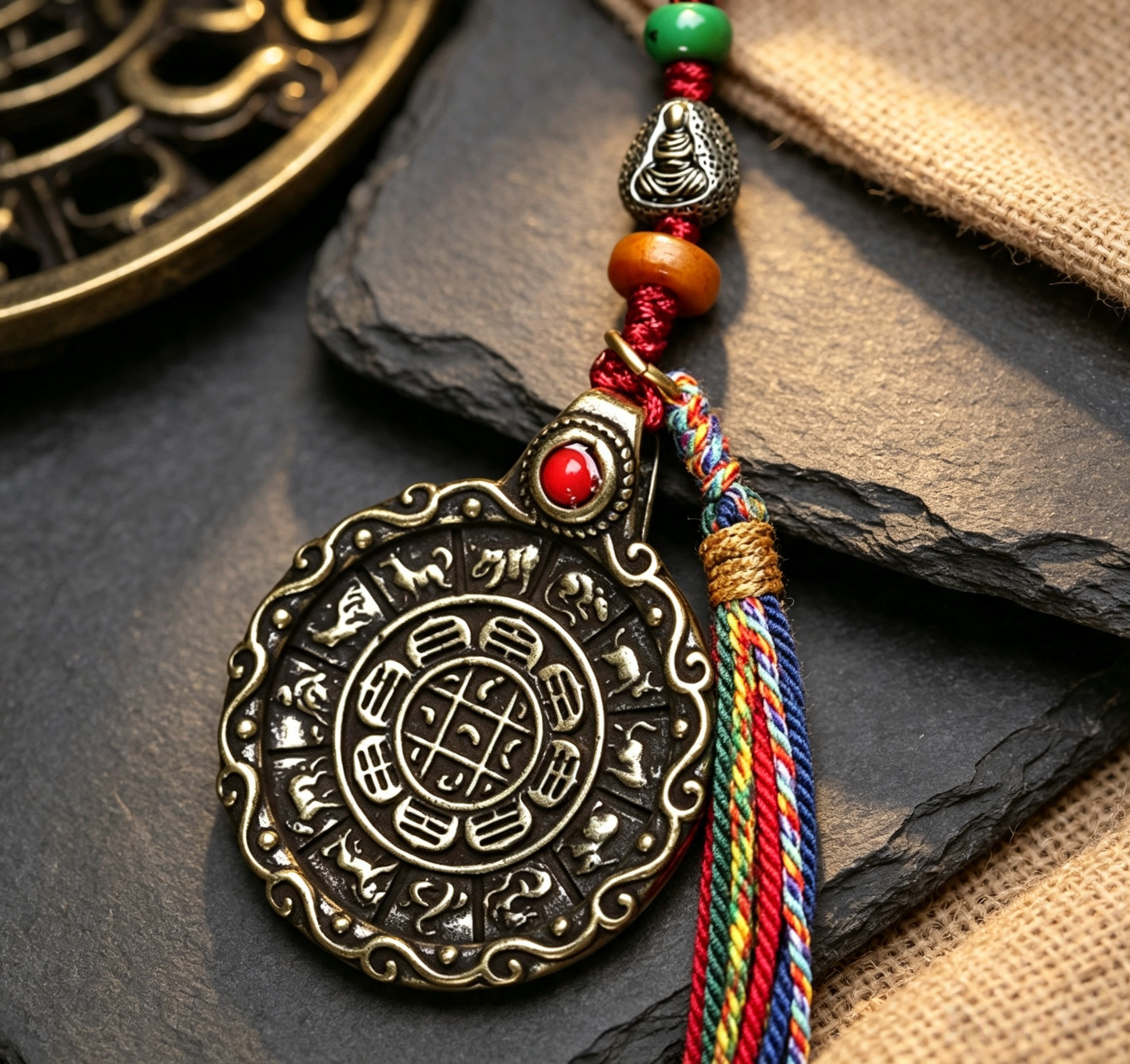 Himalayan Plateau Vintage Metal Circular Amulet Pendant with Handwoven Tassel Cord