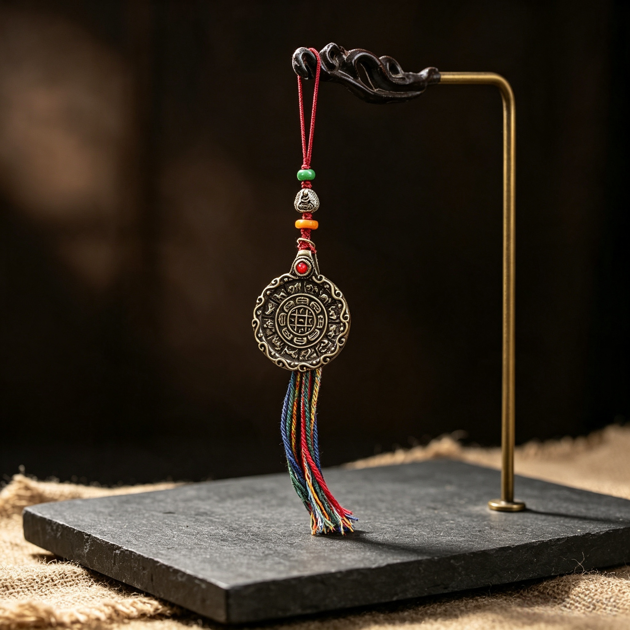 Himalayan Plateau Vintage Metal Circular Amulet Pendant with Handwoven Tassel Cord
