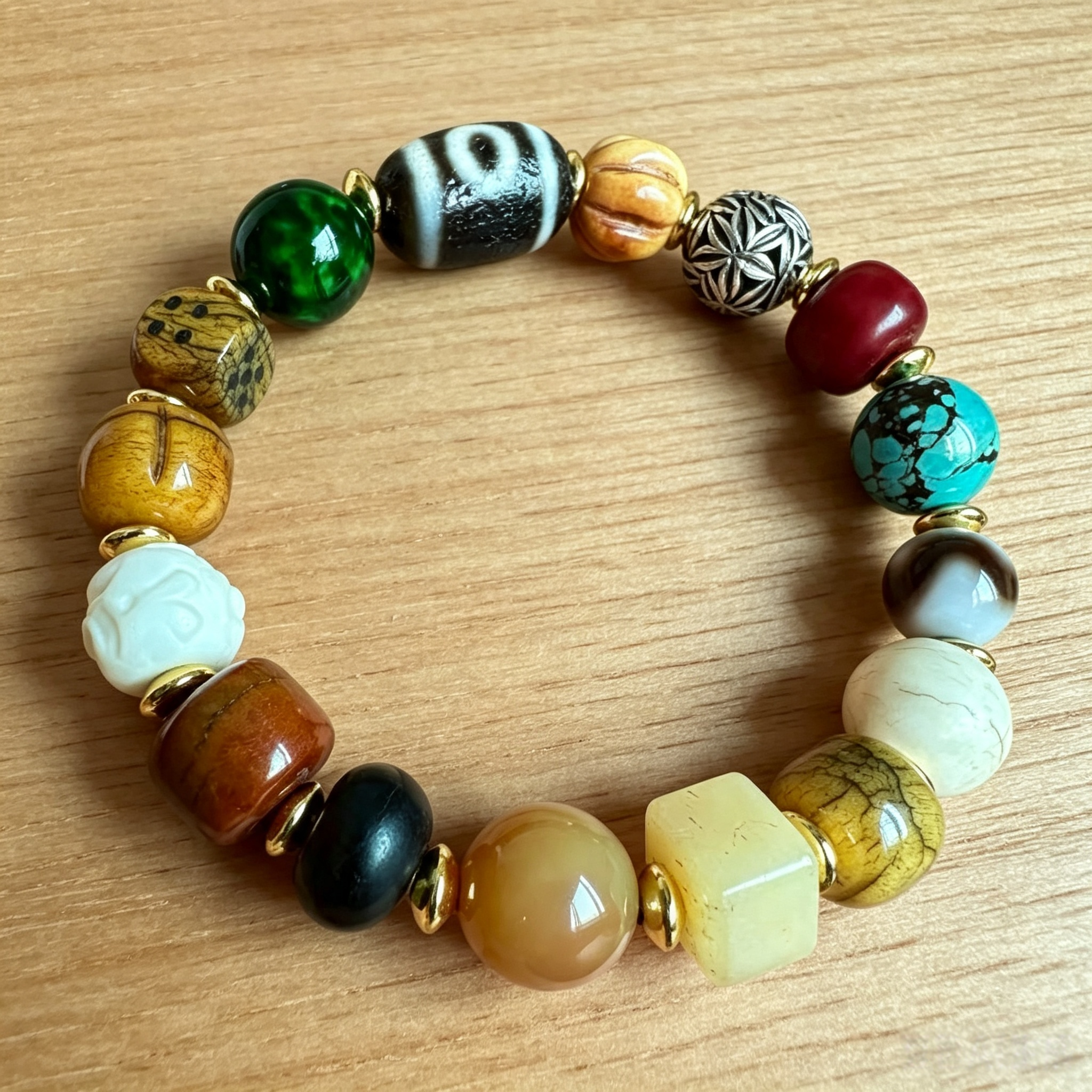 Vintage Himalayan Plateau Mixed Gemstone & Ox Bone Stack Bracelet Ethnic Handcrafted Wellness Wrist