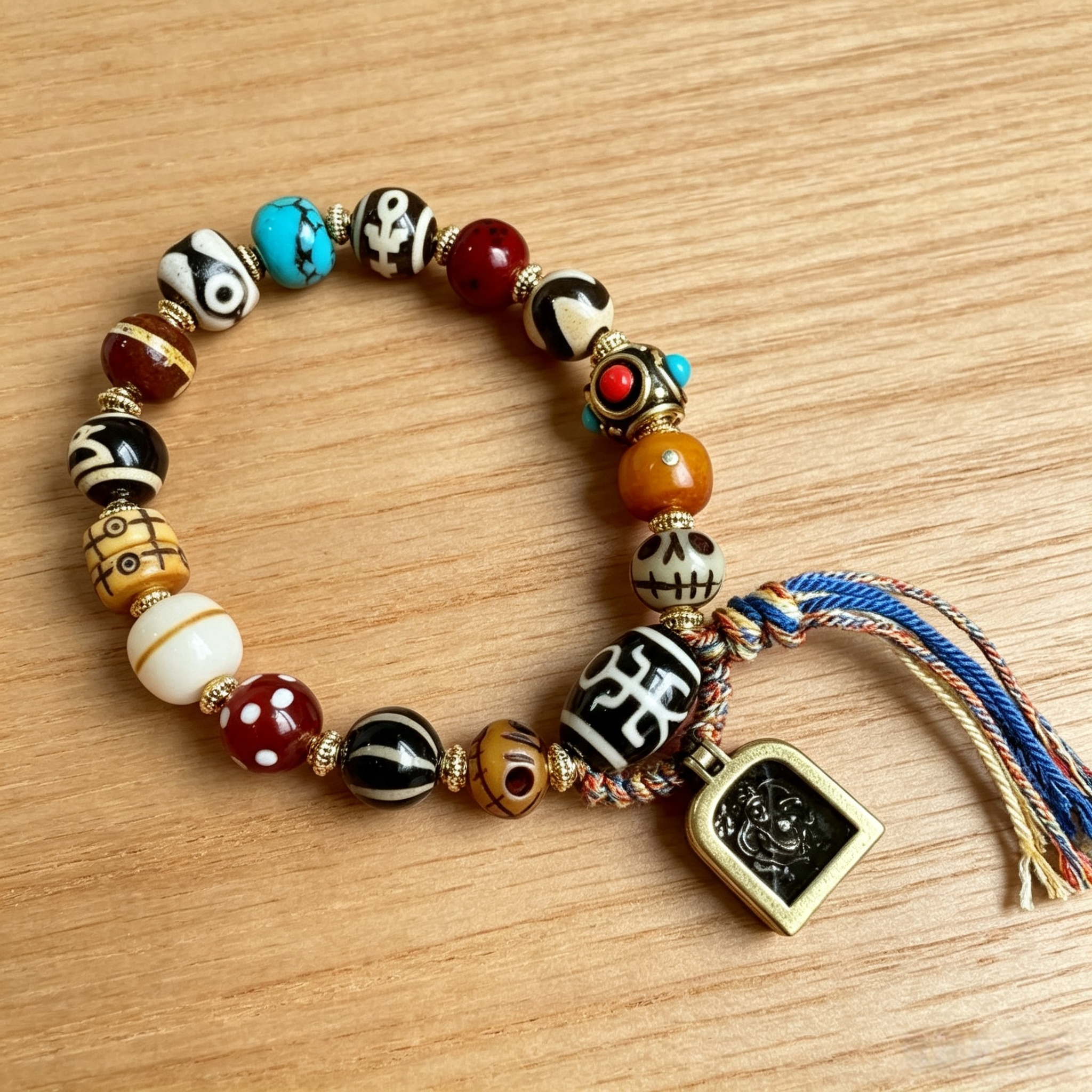 Vintage Himalayan Plateau Ox Bone Mixed Agate Bead Tassel Bracelet Ethnic Retro Handmade Wrist Jewelry