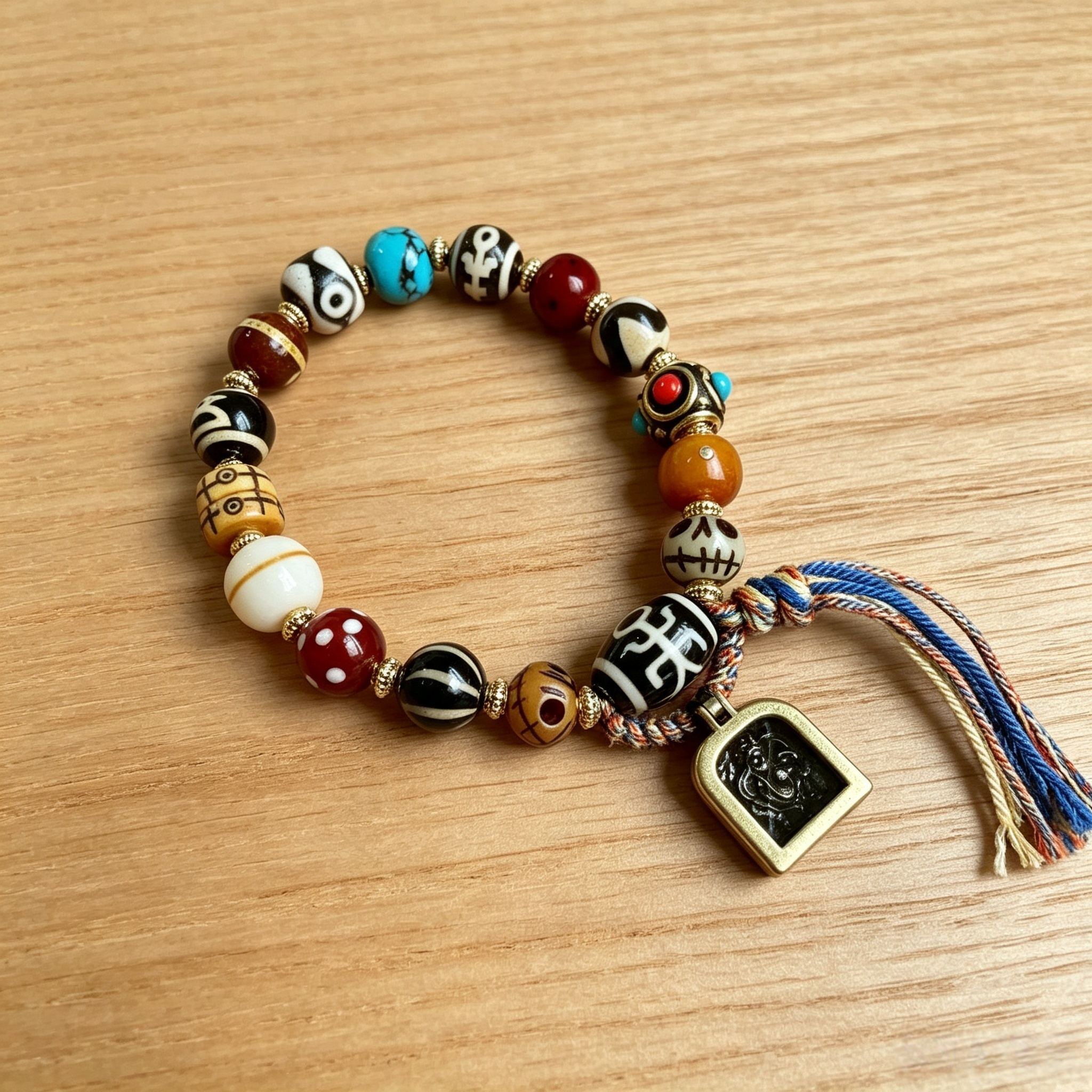 Vintage Himalayan Plateau Ox Bone Mixed Agate Bead Tassel Bracelet Ethnic Retro Handmade Wrist Jewelry