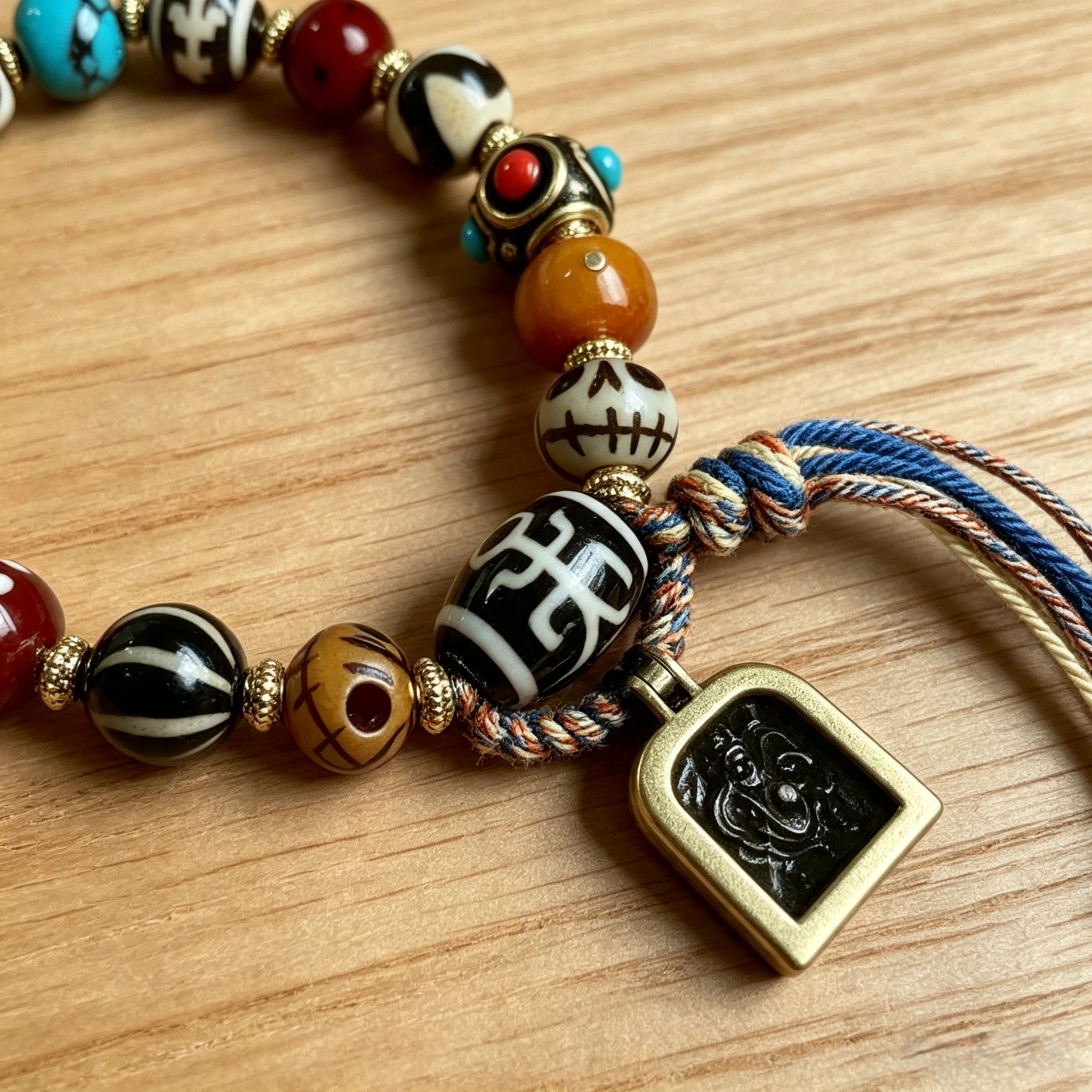 Vintage Himalayan Plateau Ox Bone Mixed Agate Bead Tassel Bracelet Ethnic Retro Handmade Wrist Jewelry