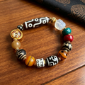Vintage Himalayan Plateau Ox Bone Multi-Stone Beaded Bracelet with Inlaid Round Metal Pendant Ethnic Handmade Wrist Accessory