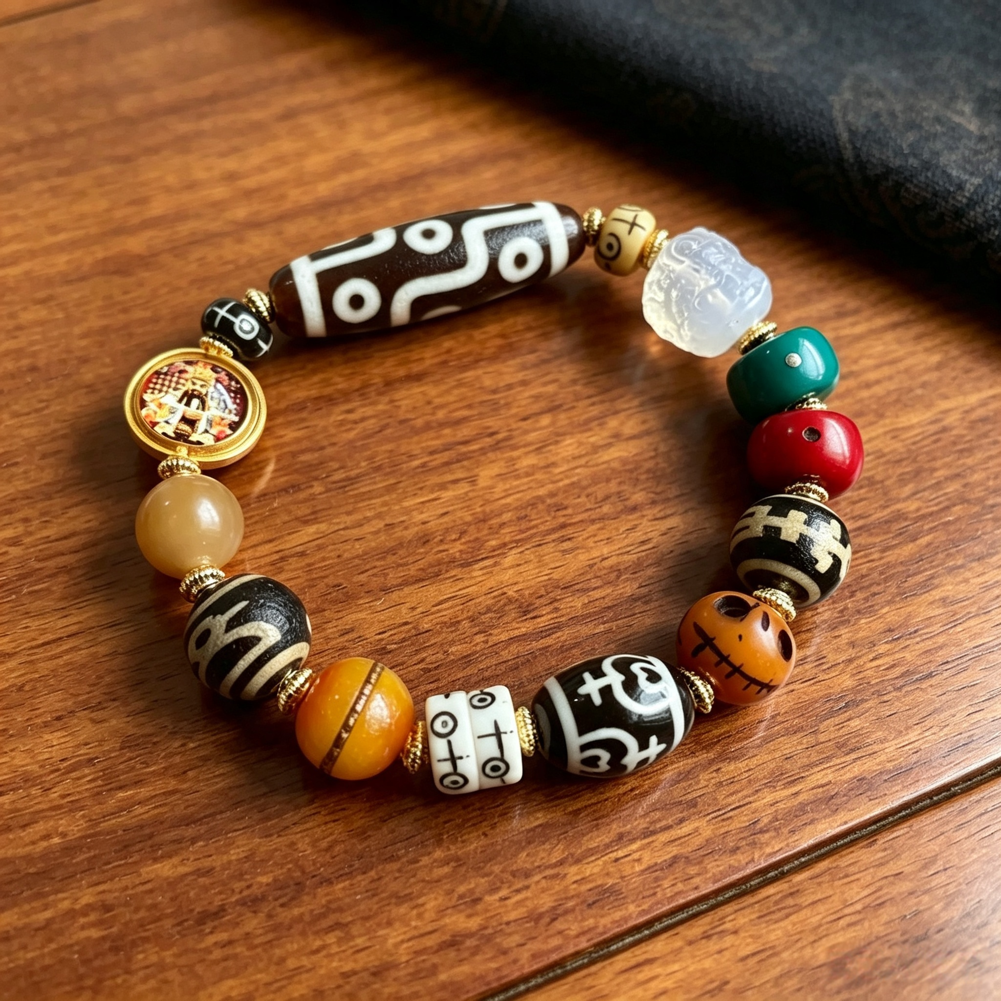 Vintage Himalayan Plateau Ox Bone Multi-Stone Beaded Bracelet with Inlaid Round Metal Pendant Ethnic Handmade Wrist Accessory