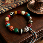 Vintage Himalayan Plateau Ox Bone Mixed Agate & Old Agate Beaded Bracelet Ethnic Retro Hand Stack Wrist Ornament