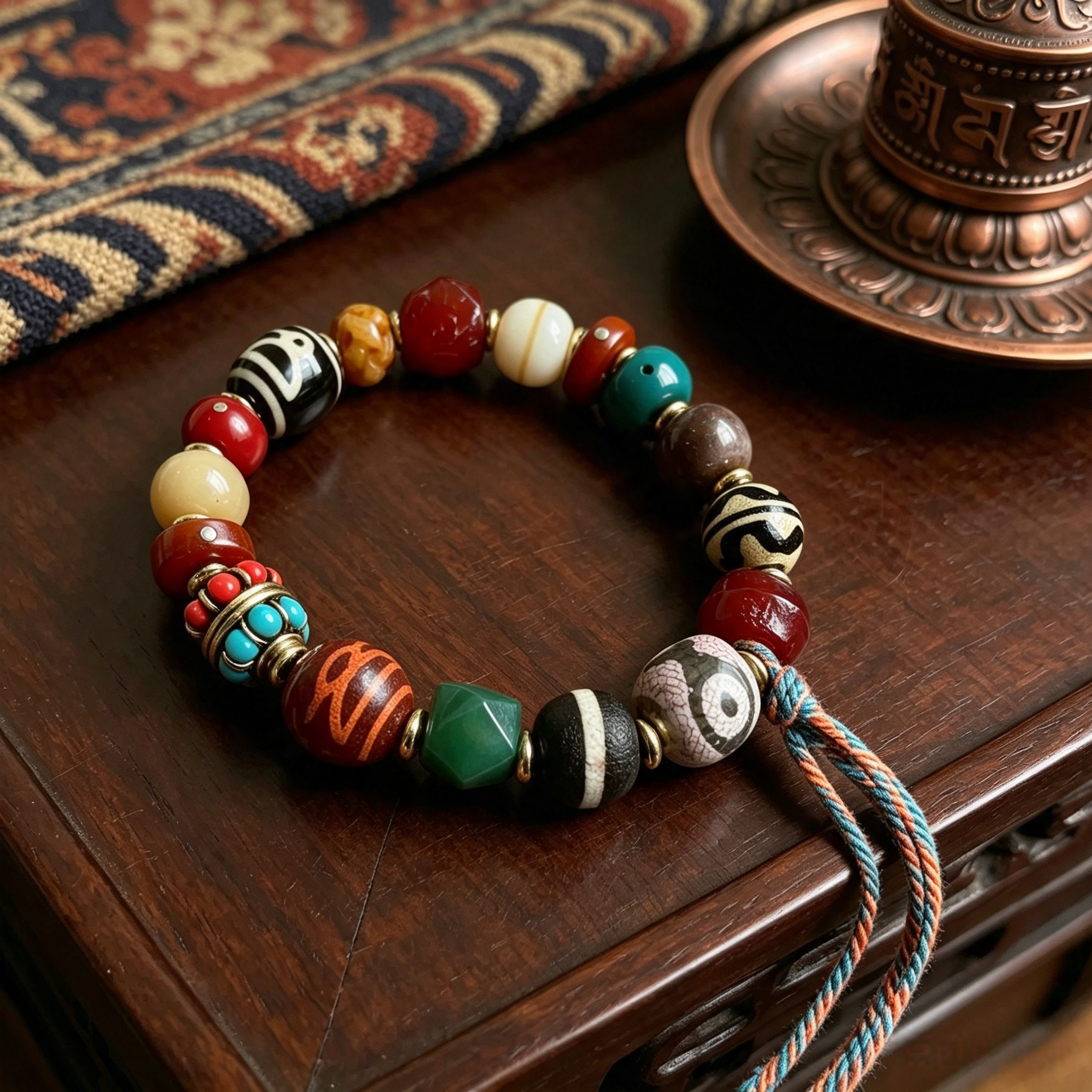 Vintage Himalayan Plateau Ox Bone Mixed Agate & Old Agate Beaded Bracelet Ethnic Retro Hand Stack Wrist Ornament
