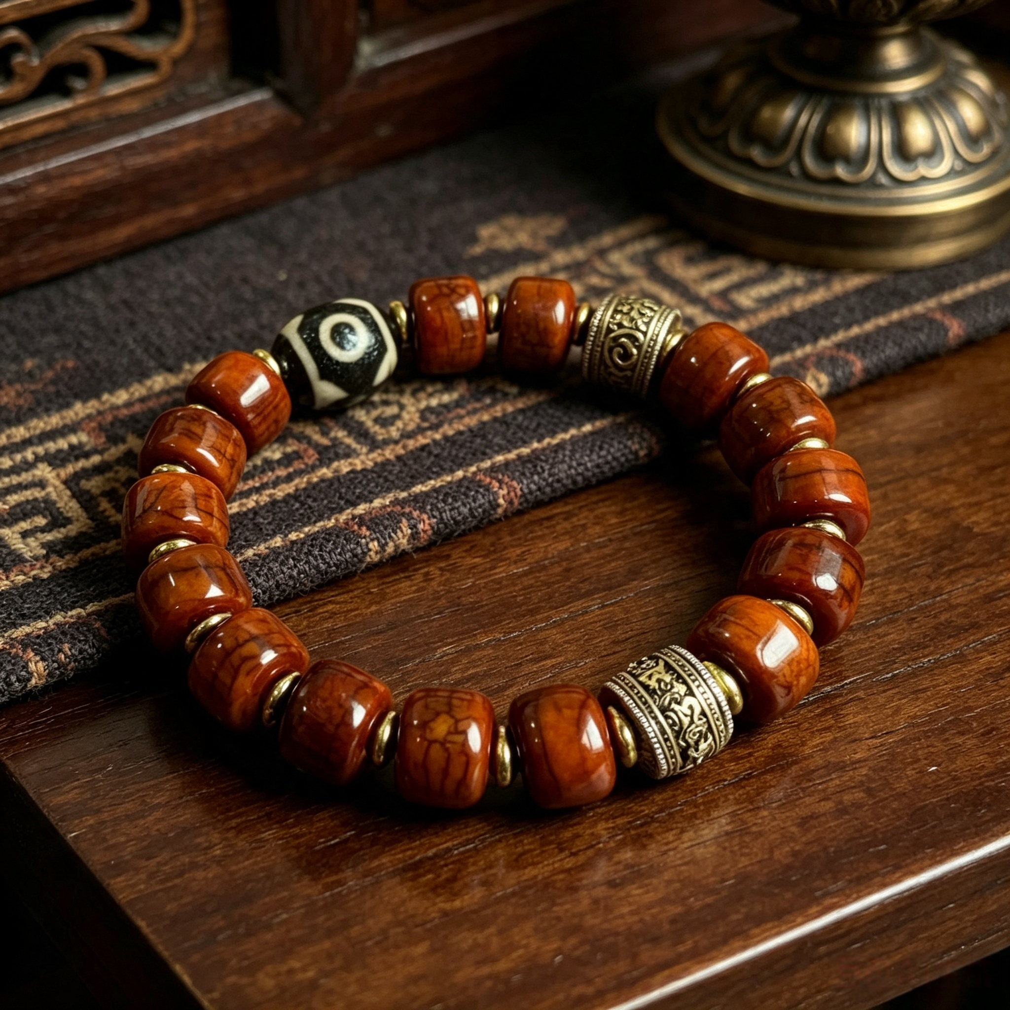 Himalayan Plateau Ethnic Ox Bone Barrel Bead Bracelet with Patterned Agate & Brass Spacers Handcrafted Wrist Jewelry