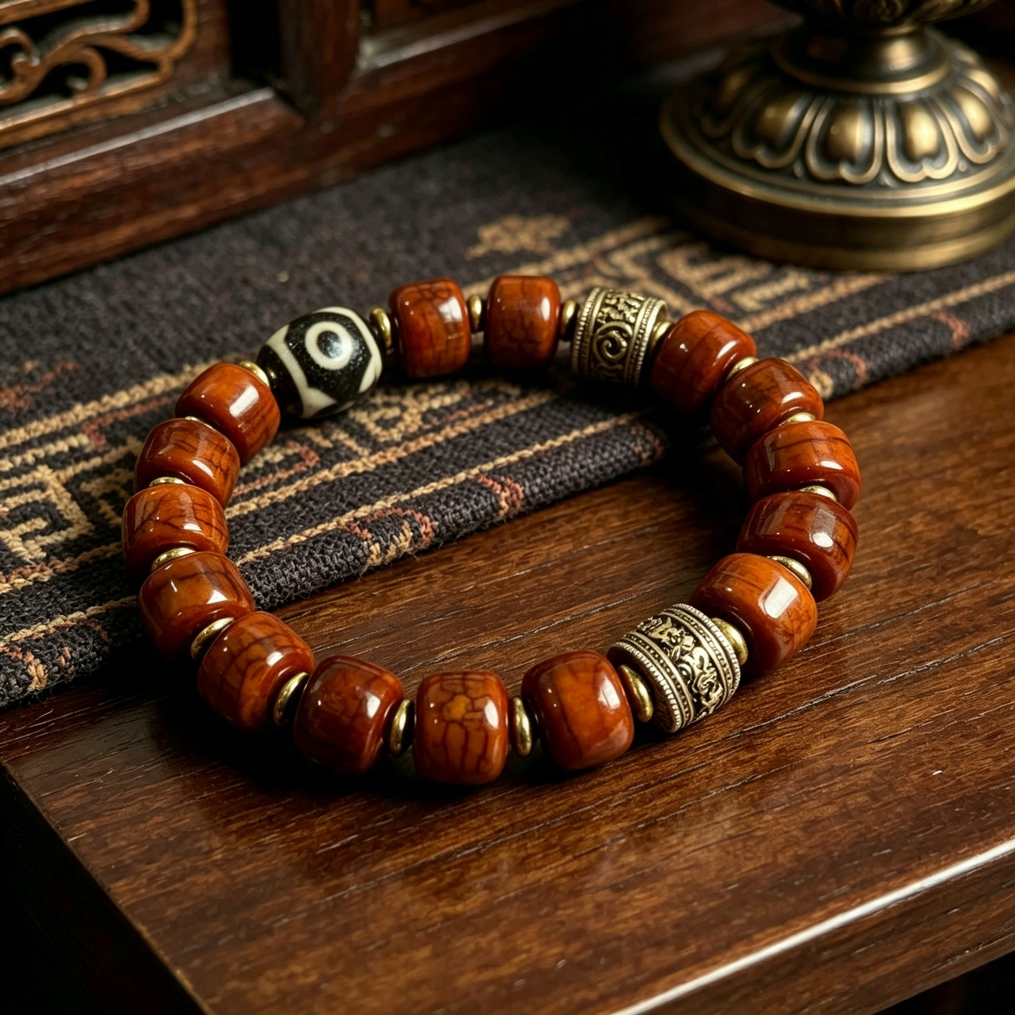 Himalayan Plateau Ethnic Ox Bone Barrel Bead Bracelet with Patterned Agate & Brass Spacers Handcrafted Wrist Jewelry