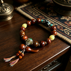 Himalayan Plateau Folk Style Ox Bone Multi-Bead Handcrafted Bracelet with Agate Accent & Fabric Tassel Pendant