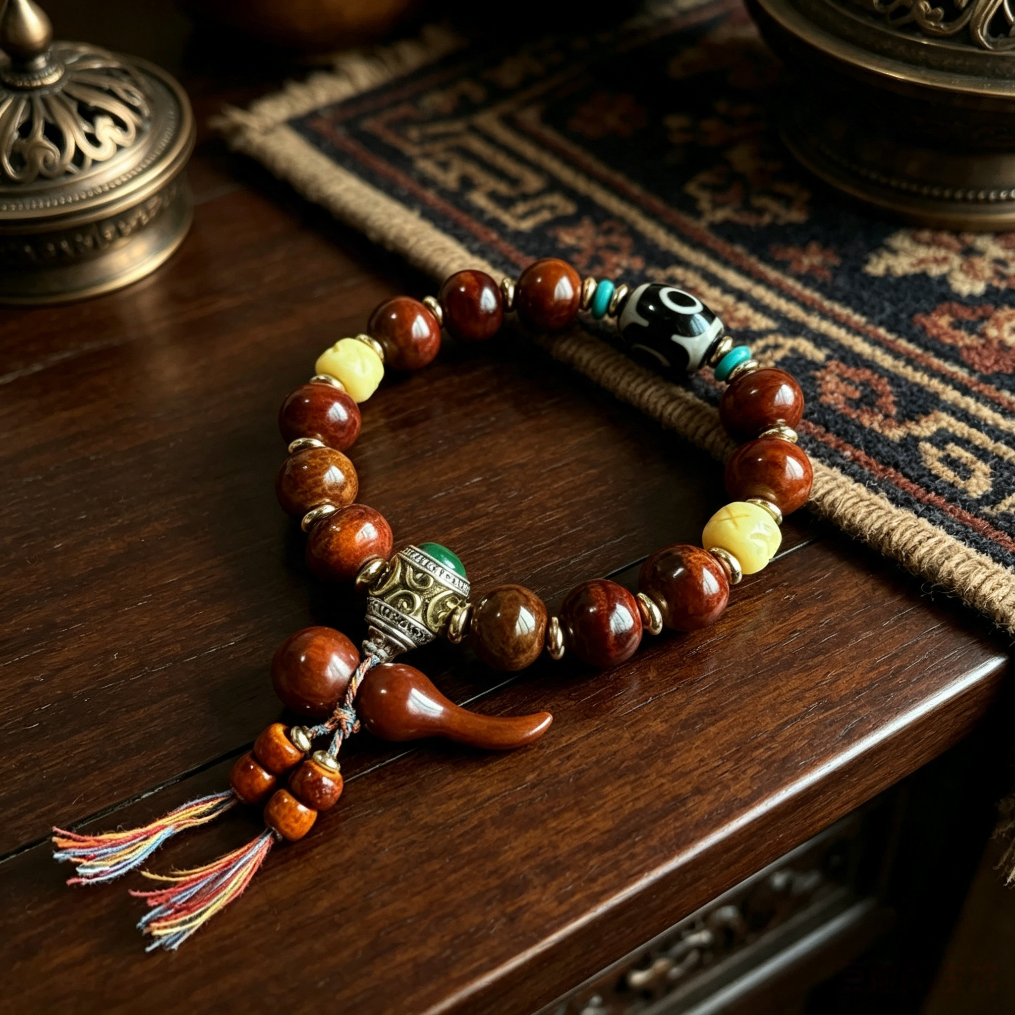 Himalayan Plateau Folk Style Ox Bone Multi-Bead Handcrafted Bracelet with Agate Accent & Fabric Tassel Pendant