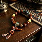 Himalayan Plateau Folk Style Ox Bone Multi-Bead Handcrafted Bracelet with Agate Accent & Fabric Tassel Pendant