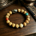 Himalayan Plateau Folk Hand Carved Ox Bone Beaded Bracelet with Patterned Agate & Mineral Stone Accents Handcrafted Wrist Ornament
