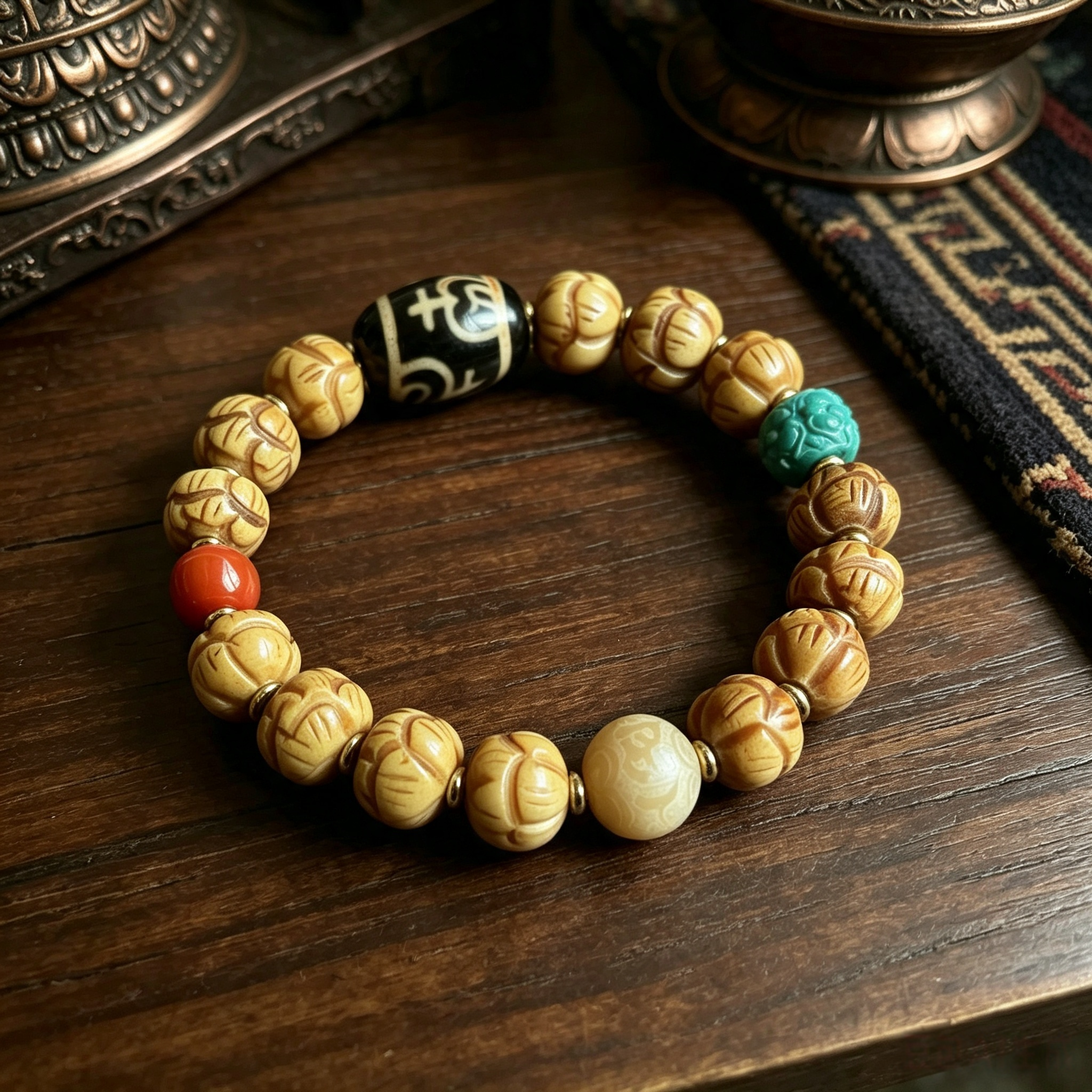 Himalayan Plateau Folk Hand Carved Ox Bone Beaded Bracelet with Patterned Agate & Mineral Stone Accents Handcrafted Wrist Ornament