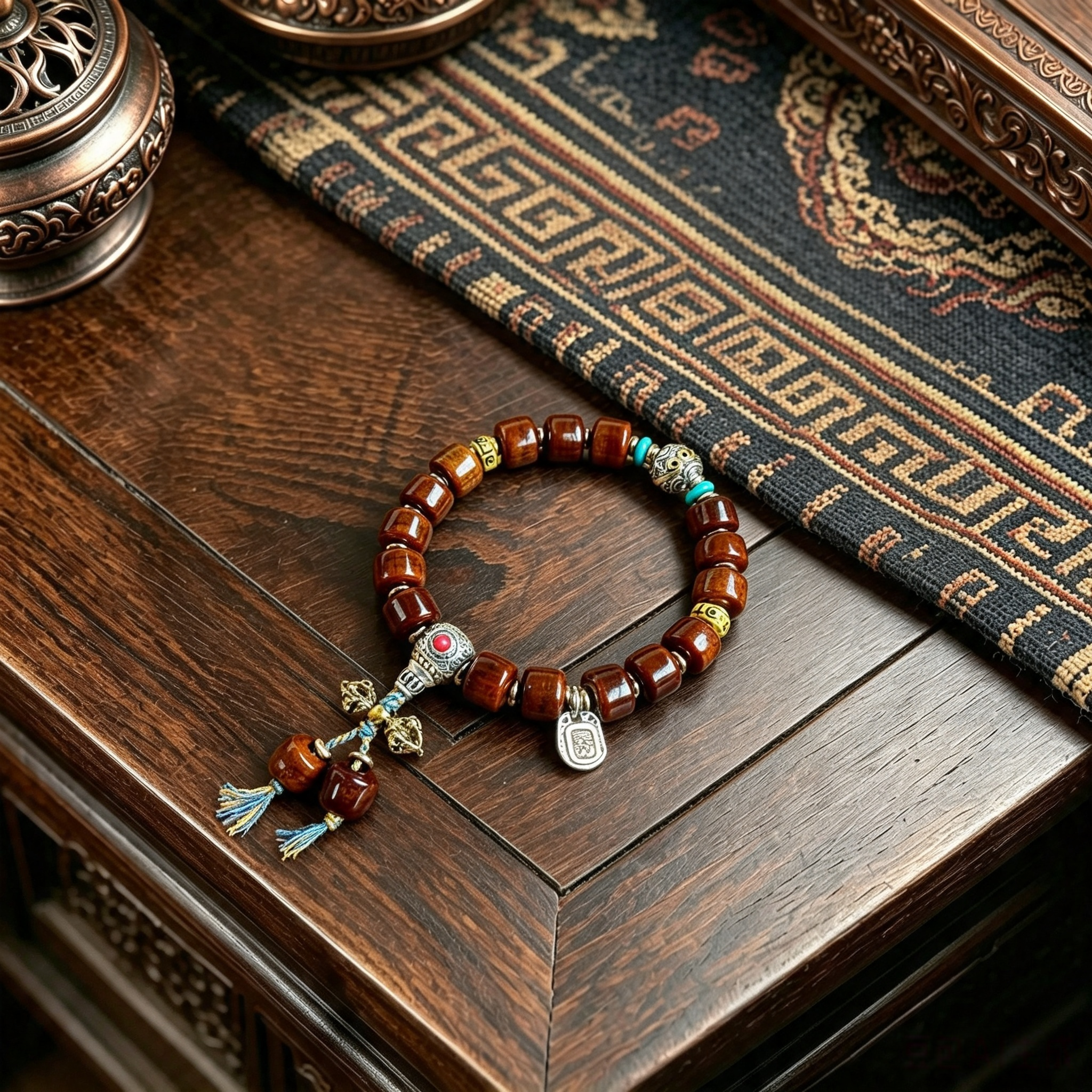 Himalayan Plateau Natural Cattle Bone Barrel Bead Single Loop Bracelet with Alloy Decorative Ornaments Handcrafted Wrist Jewelry