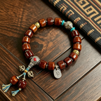 Himalayan Plateau Natural Cattle Bone Barrel Bead Single Loop Bracelet with Alloy Decorative Ornaments Handcrafted Wrist Jewelry