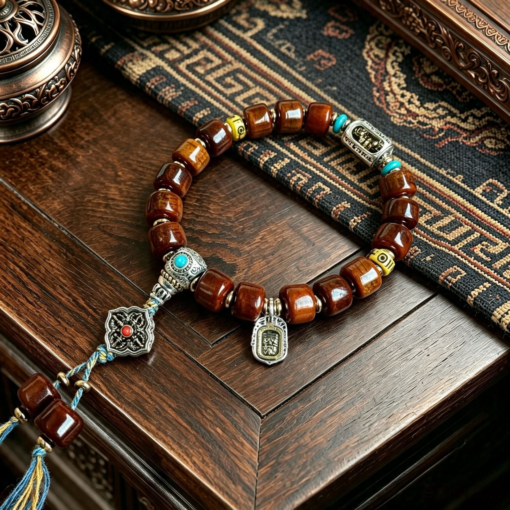 Himalayan Plateau Natural Cattle Bone Barrel Bead Single Loop Bracelet with Alloy & Stone Decorative Fittings Handcrafted Wrist Ornament